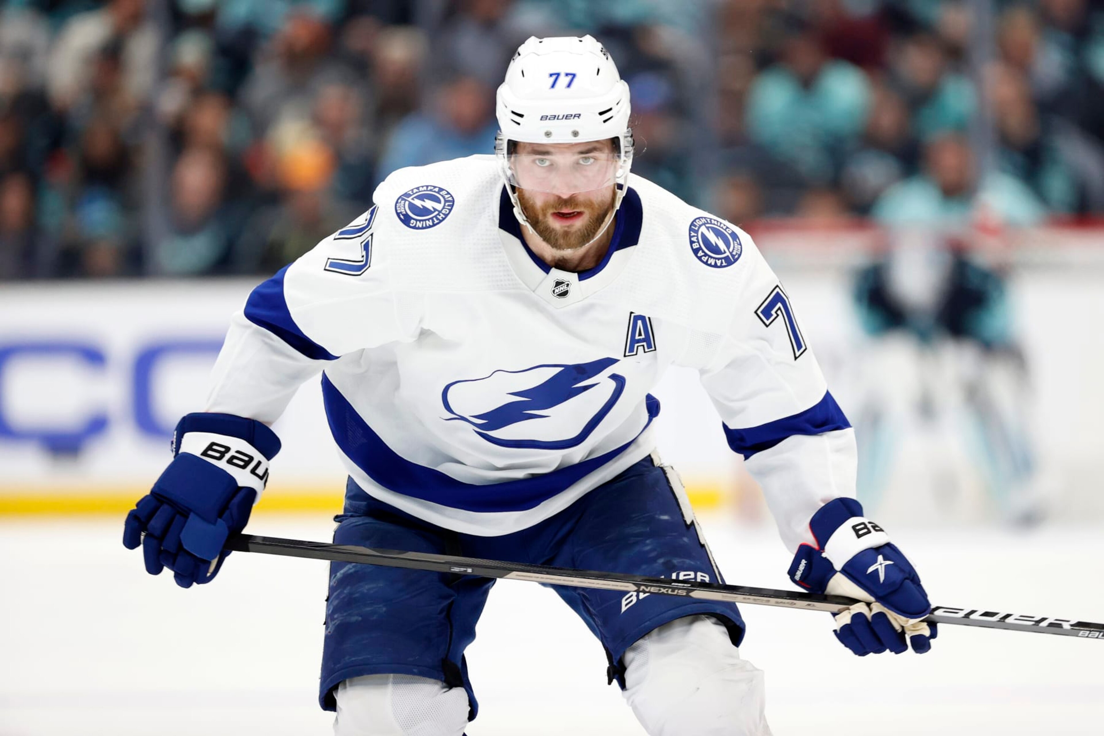 SEATTLE, WASHINGTON - JANUARY 16: Victor Hedman #77 of the Tampa Bay Lightning skates against the Seattle Kraken during the second period at Climate Pledge Arena on January 16, 2023 in Seattle, Washington. (Photo by Steph Chambers/Getty Images) SEATTLE, WASHINGTON - JANUARY 16: Victor Hedman #77 of the Tampa Bay Lightning skates against the Seattle Kraken during the second period at Climate Pledge Arena on January 16, 2023 in Seattle, Washington. (Photo by Steph Chambers/Getty Images)