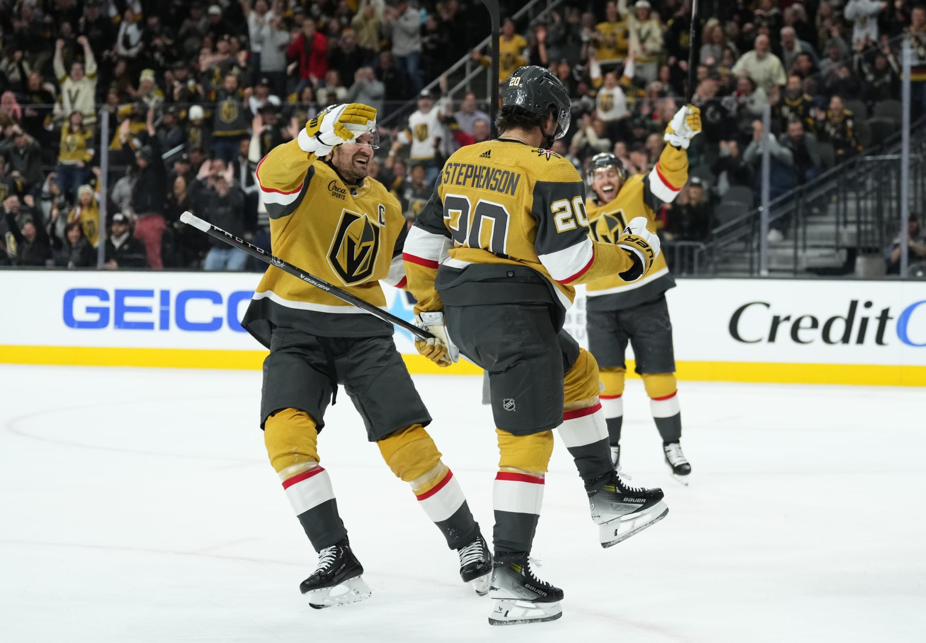 LAS VEGAS, NEVADA - DECEMBER 12: Chandler Stephenson #20 of the Vegas Golden Knights celebrates with teammates after a goal during the first period against the Calgary Flames at T-Mobile Arena on December 12, 2023 in Las Vegas, Nevada. (Photo by Jeff Bottari/NHLI via Getty Images)