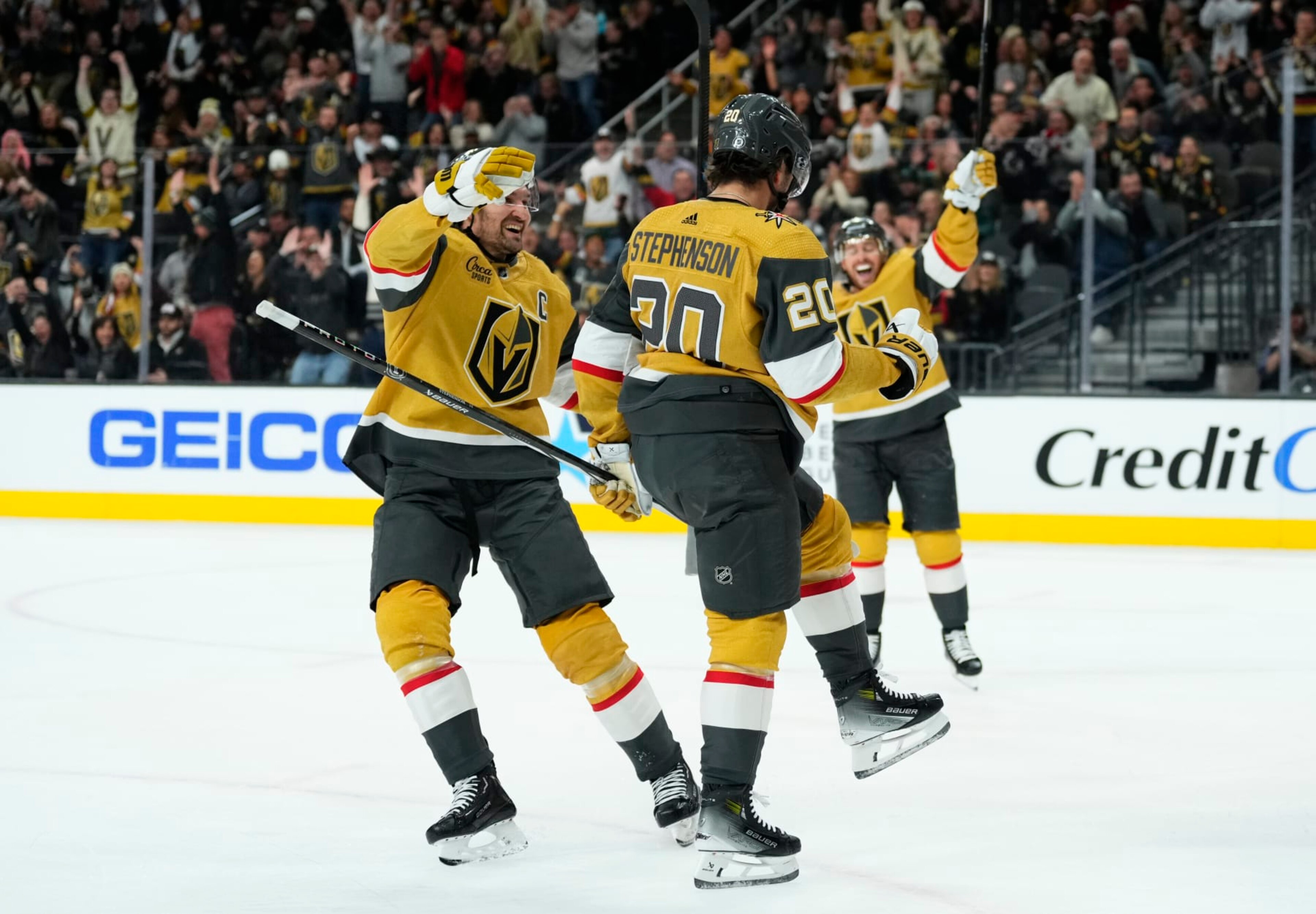 LAS VEGAS, NEVADA - DECEMBER 12: Chandler Stephenson #20 of the Vegas Golden Knights celebrates with teammates after a goal during the first period against the Calgary Flames at T-Mobile Arena on December 12, 2023 in Las Vegas, Nevada. (Photo by Jeff Bottari/NHLI via Getty Images) LAS VEGAS, NEVADA - DECEMBER 12: Chandler Stephenson #20 of the Vegas Golden Knights celebrates with teammates after a goal during the first period against the Calgary Flames at T-Mobile Arena on December 12, 2023 in Las Vegas, Nevada. (Photo by Jeff Bottari/NHLI via Getty Images)
