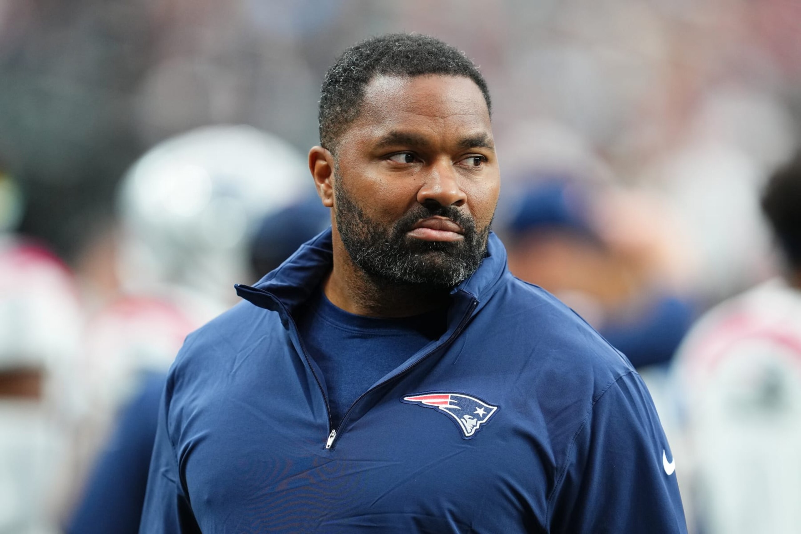 LAS VEGAS, NEVADA - OCTOBER 15: Linebackers coach Jerod Mayo of the New England Patriots looks on before a game against the Las Vegas Raiders at Allegiant Stadium on October 15, 2023 in Las Vegas, Nevada. (Photo by Chris Unger/Getty Images)