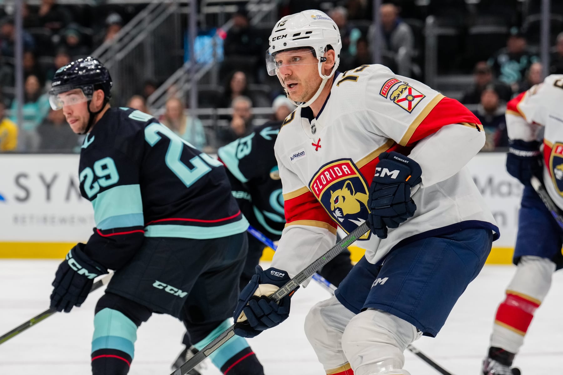 SEATTLE, WASHINGTON - DECEMBER 12: Sam Reinhart #13 of the Florida Panthers skates during the second period of a game against the Seattle Kraken at Climate Pledge Arena on December 12, 2023 in Seattle, Washington. (Photo by Christopher Mast/NHLI via Getty Images)
