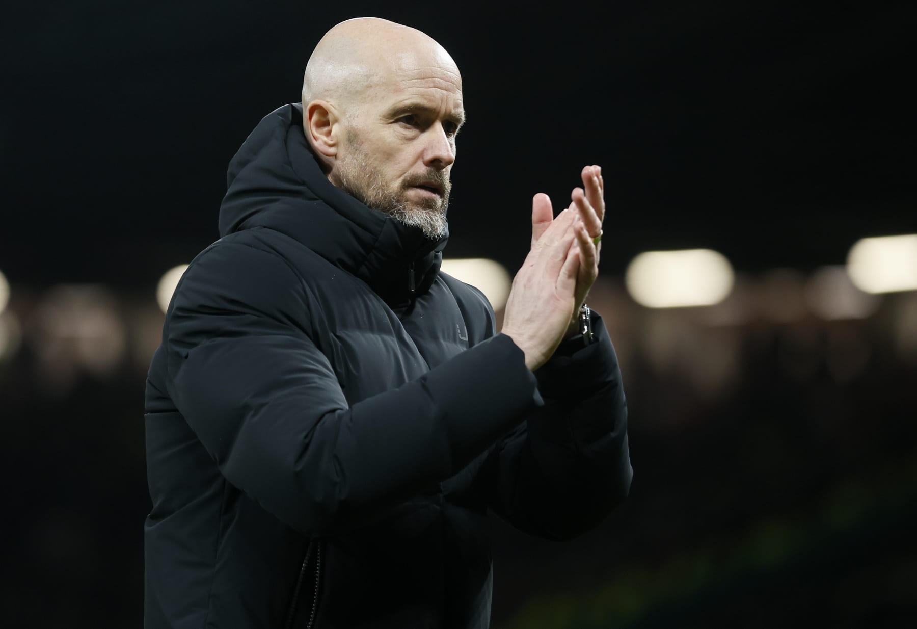 MANCHESTER, ENGLAND - DECEMBER 12: Erik ten Hag, Manager of Manchester United applauds the fans after the UEFA Champions League match between Manchester United and FC Bayern Munchen at Old Trafford on December 12, 2023 in Manchester, England. (Photo by Richard Sellers/Sportsphoto/Allstar via Getty Images)