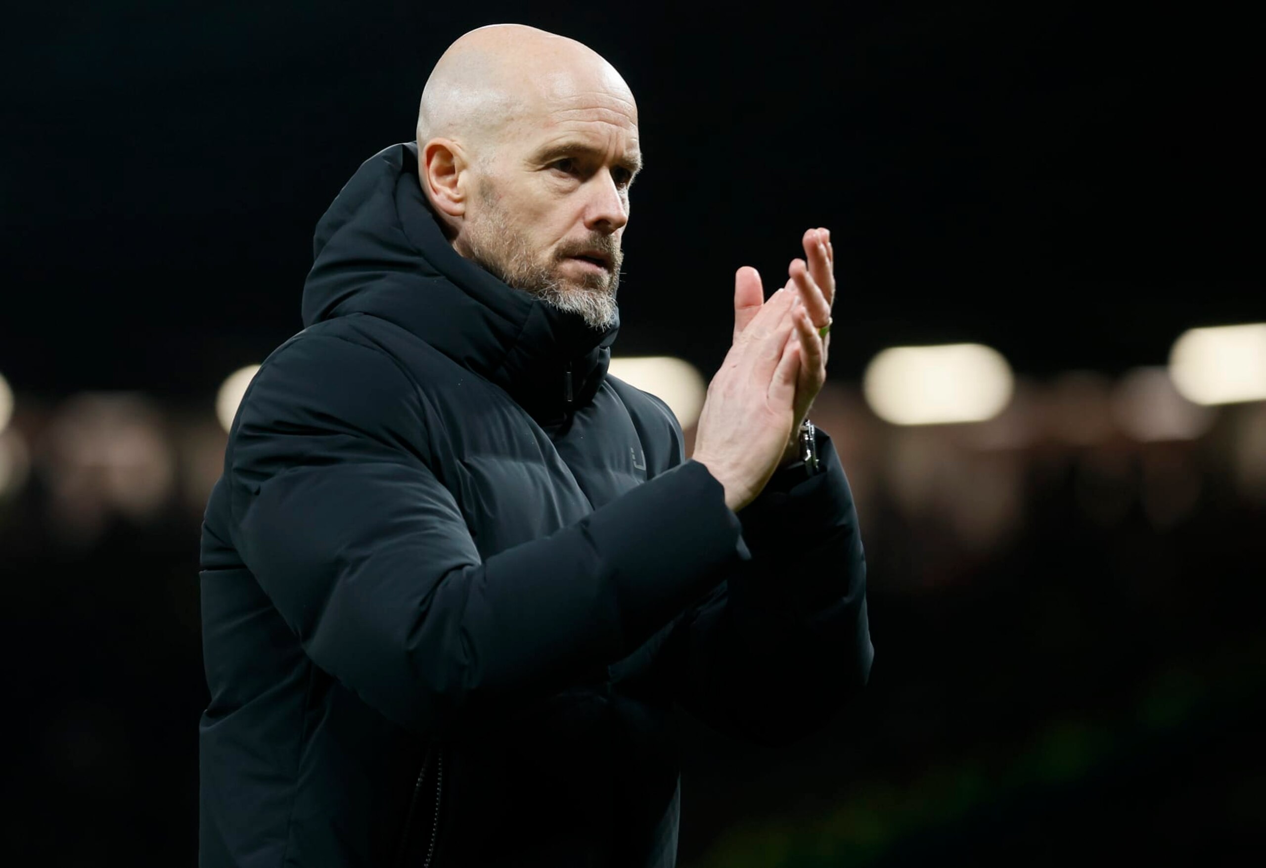 MANCHESTER, ENGLAND - DECEMBER 12: Erik ten Hag, Manager of Manchester United applauds the fans after the UEFA Champions League match between Manchester United and FC Bayern Munchen at Old Trafford on December 12, 2023 in Manchester, England. (Photo by Richard Sellers/Sportsphoto/Allstar via Getty Images) MANCHESTER, ENGLAND - DECEMBER 12: Erik ten Hag, Manager of Manchester United applauds the fans after the UEFA Champions League match between Manchester United and FC Bayern Munchen at Old Trafford on December 12, 2023 in Manchester, England. (Photo by Richard Sellers/Sportsphoto/Allstar via Getty Images)