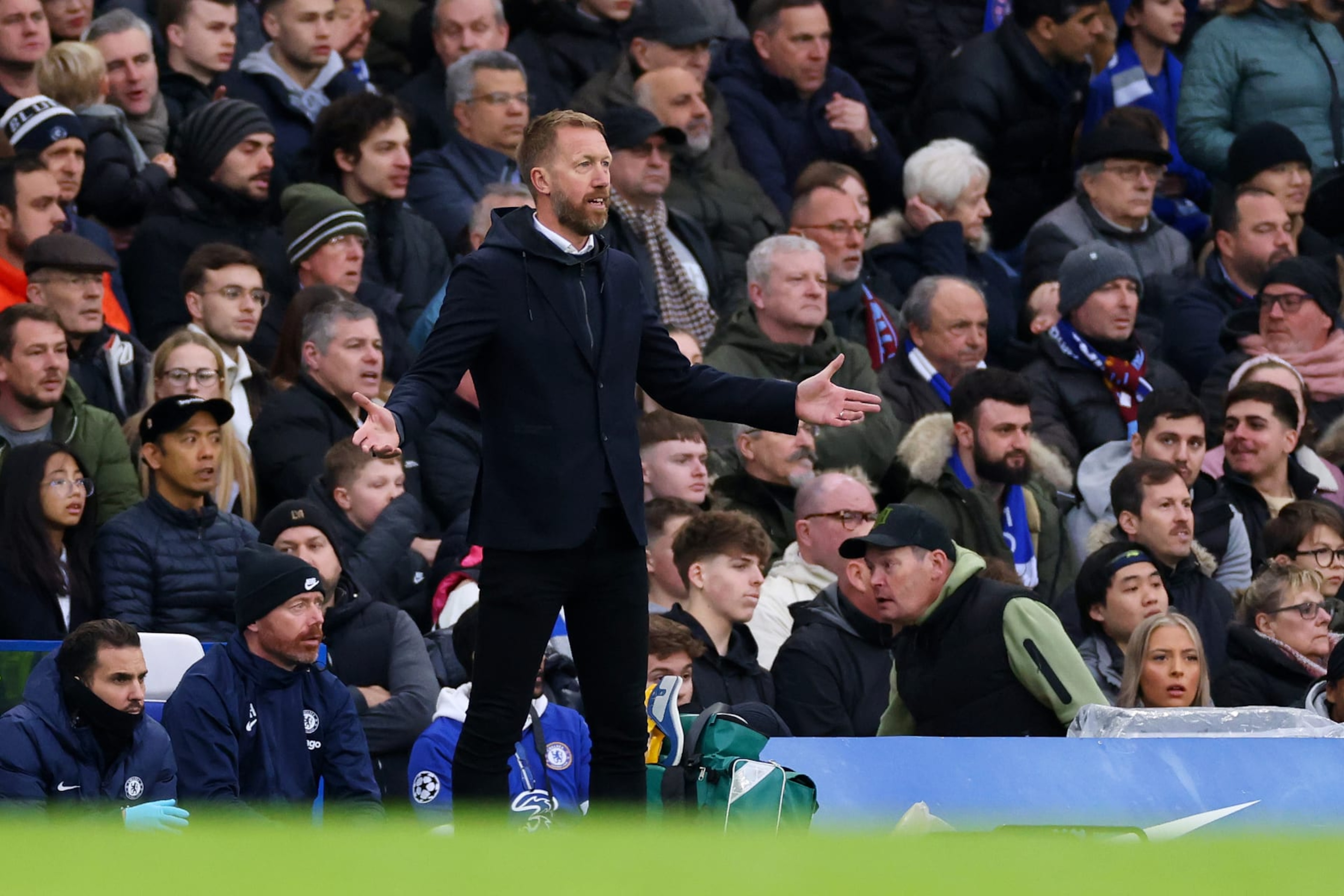 LONDON, ENGLAND - APRIL 01: Graham Potter, Manager of Chelsea, reacts during the Premier League match between Chelsea FC and Aston Villa at Stamford Bridge on April 01, 2023 in London, England. (Photo by Marc Atkins/Getty Images) LONDON, ENGLAND - APRIL 01: Graham Potter, Manager of Chelsea, reacts during the Premier League match between Chelsea FC and Aston Villa at Stamford Bridge on April 01, 2023 in London, England. (Photo by Marc Atkins/Getty Images)
