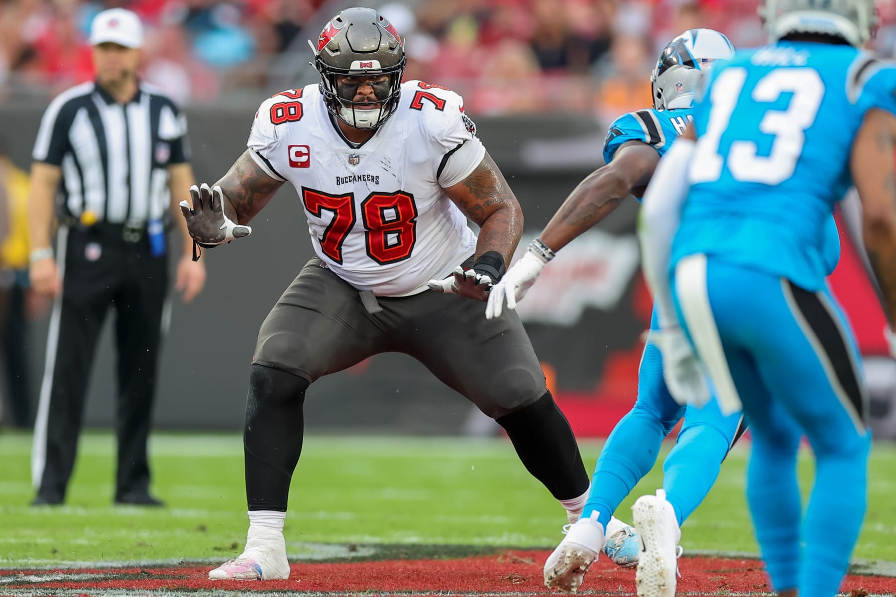 TAMPA, FLORIDA - DECEMBER 3: Tristan Wirfs #78 of the Tampa Bay Buccaneers blocks against the Carolina Panthers at Raymond James Stadium on December 3, 2023 in Tampa, Florida. (Photo by Mike Carlson/Getty Images)
