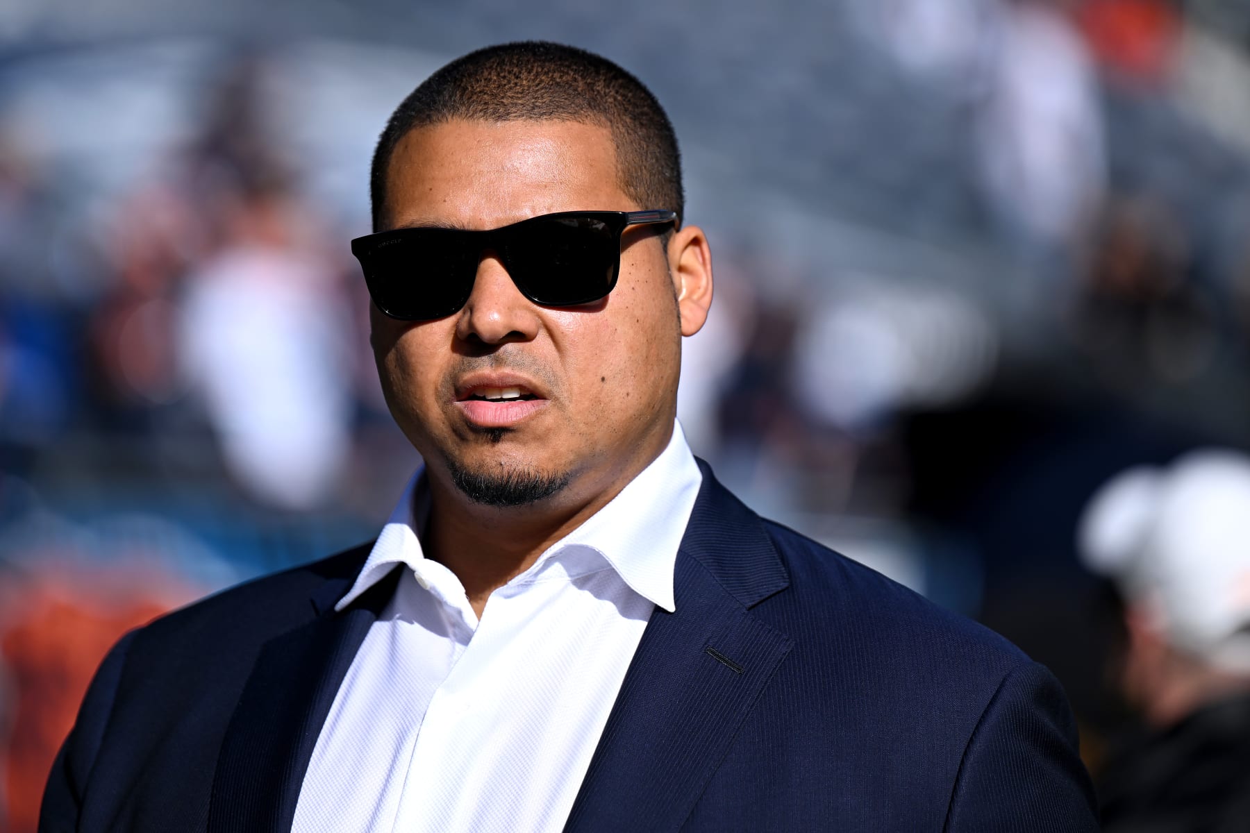 CHICAGO, ILLINOIS - NOVEMBER 06: General Manager Ryan Poles of the Chicago Bears on the field prior to the game against the Miami Dolphins at Soldier Field on November 06, 2022 in Chicago, Illinois. (Photo by Quinn Harris/Getty Images)