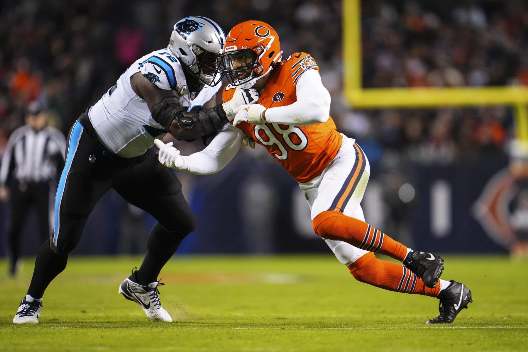 CHICAGO, IL - NOVEMBER 09: Montez Sweat #98 of the Chicago Bears rushes the passer during an NFL football game against the Carolina Panthers at Soldier Field on November 9, 2023 in Chicago, Illinois. (Photo by Cooper Neill/Getty Images)