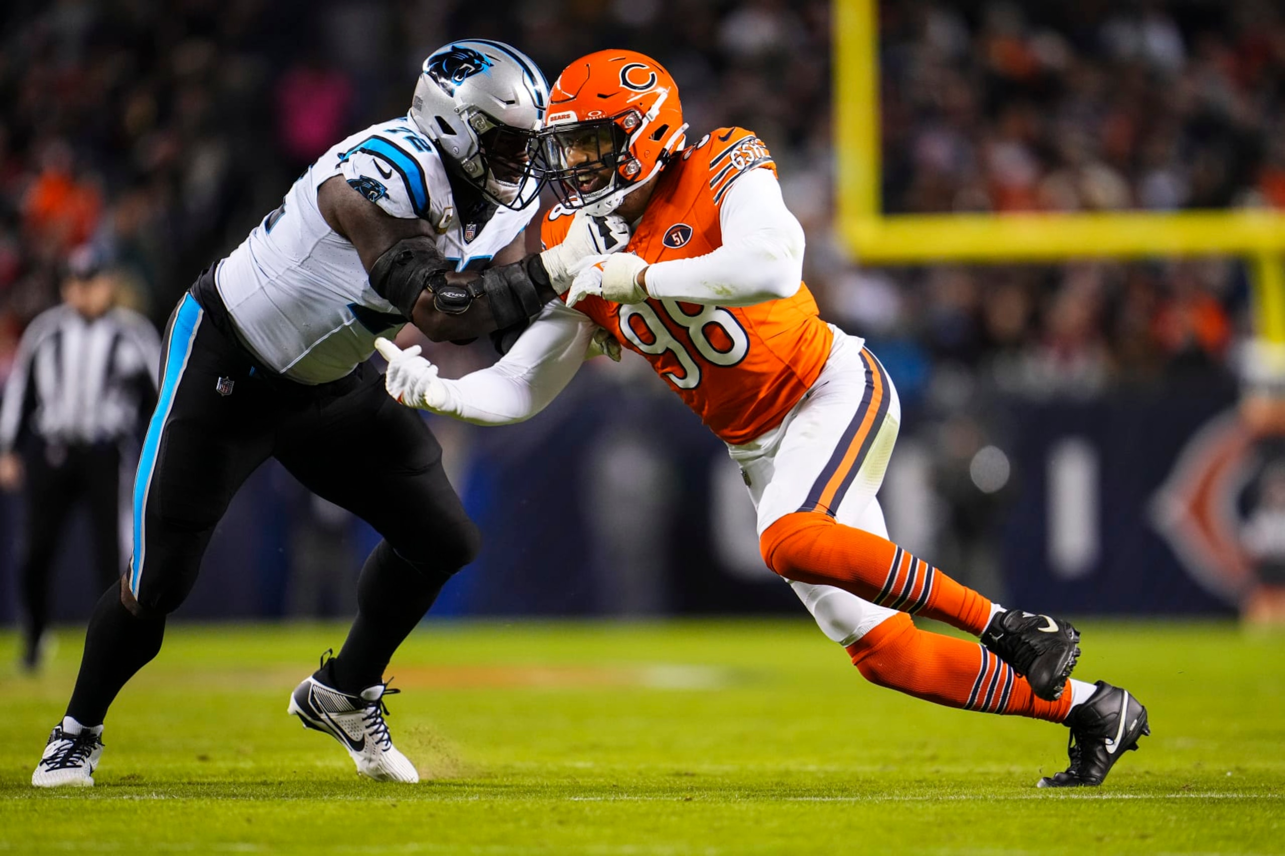 CHICAGO, IL - NOVEMBER 09: Montez Sweat #98 of the Chicago Bears rushes the passer during an NFL football game against the Carolina Panthers at Soldier Field on November 9, 2023 in Chicago, Illinois. (Photo by Cooper Neill/Getty Images) CHICAGO, IL - NOVEMBER 09: Montez Sweat #98 of the Chicago Bears rushes the passer during an NFL football game against the Carolina Panthers at Soldier Field on November 9, 2023 in Chicago, Illinois. (Photo by Cooper Neill/Getty Images)
