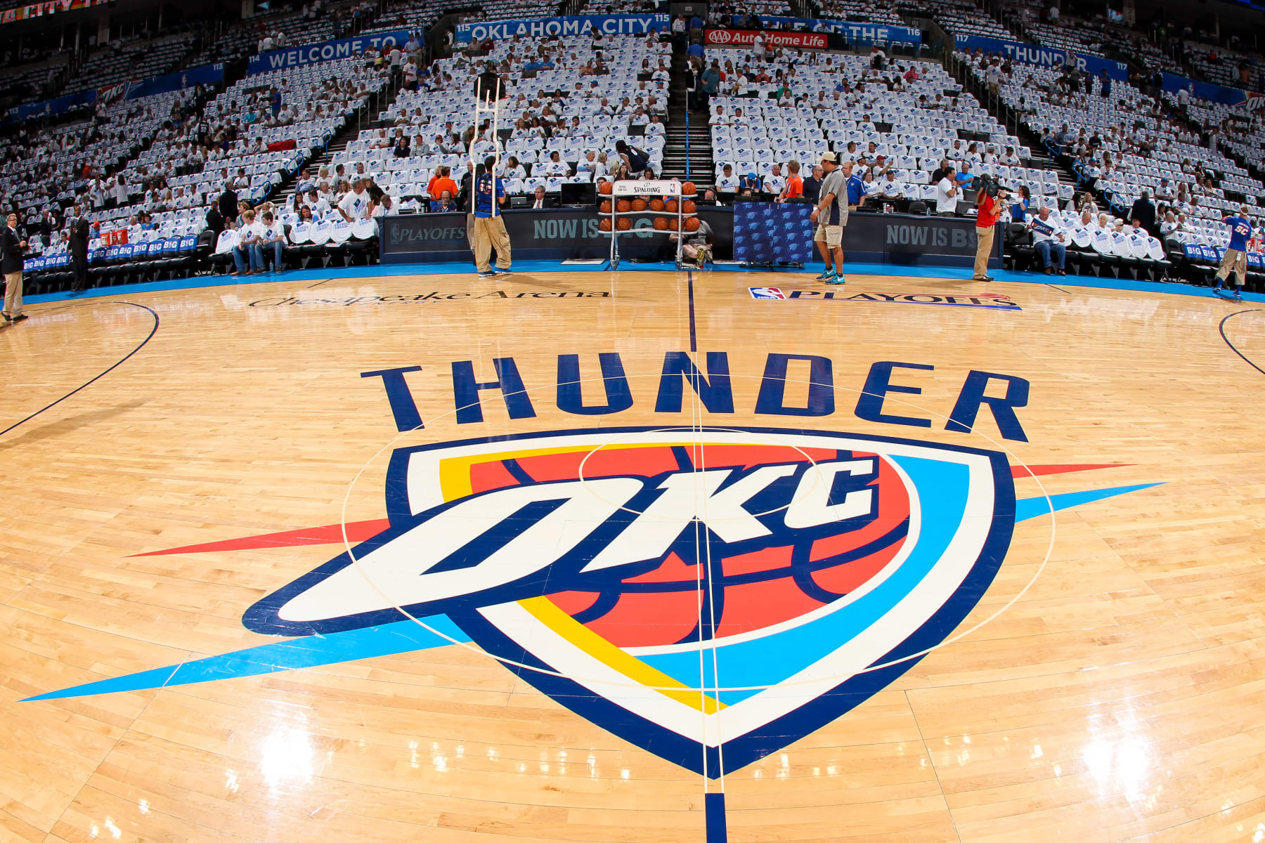 OKLAHOMA CITY, OK - MAY 15: The Oklahoma City Thunder logo sits on display on the court before the team played the Memphis Grizzlies in Game Five of the Western Conference Semifinals during the 2013 NBA Playoffs on May 15, 2013 at the Chesapeake Energy Arena in Oklahoma City, Oklahoma. NOTE TO USER: User expressly acknowledges and agrees that, by downloading and or using this Photograph, user is consenting to the terms and conditions of the Getty Images License Agreement. Mandatory Copyright Notice: Copyright 2013 NBAE (Photo by Joe Murphy/NBAE via Getty Images) OKLAHOMA CITY, OK - MAY 15: The Oklahoma City Thunder logo sits on display on the court before the team played the Memphis Grizzlies in Game Five of the Western Conference Semifinals during the 2013 NBA Playoffs on May 15, 2013 at the Chesapeake Energy Arena in Oklahoma City, Oklahoma. NOTE TO USER: User expressly acknowledges and agrees that, by downloading and or using this Photograph, user is consenting to the terms and conditions of the Getty Images License Agreement. Mandatory Copyright Notice: Copyright 2013 NBAE (Photo by Joe Murphy/NBAE via Getty Images)