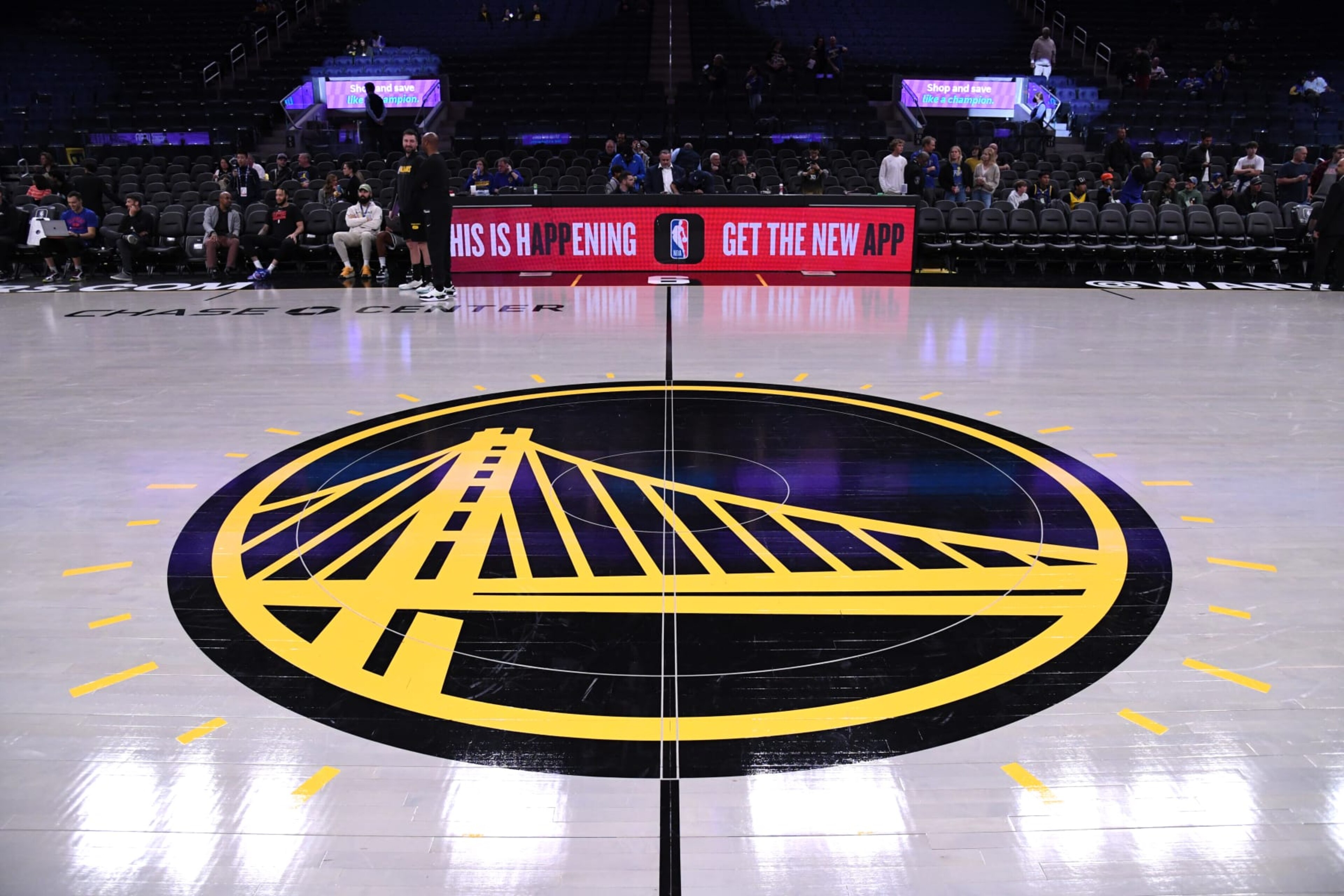 SAN FRANCISCO, CA - NOVEMBER 23: An overall view of the Golden State Warriors logo prior to the game against the LA Clippers on November 23, 2022 at Chase Center in San Francisco, California. NOTE TO USER: User expressly acknowledges and agrees that, by downloading and or using this photograph, user is consenting to the terms and conditions of Getty Images License Agreement. Mandatory Copyright Notice: Copyright 2022 NBAE (Photo by Noah Graham/NBAE via Getty Images) SAN FRANCISCO, CA - NOVEMBER 23: An overall view of the Golden State Warriors logo prior to the game against the LA Clippers on November 23, 2022 at Chase Center in San Francisco, California. NOTE TO USER: User expressly acknowledges and agrees that, by downloading and or using this photograph, user is consenting to the terms and conditions of Getty Images License Agreement. Mandatory Copyright Notice: Copyright 2022 NBAE (Photo by Noah Graham/NBAE via Getty Images)