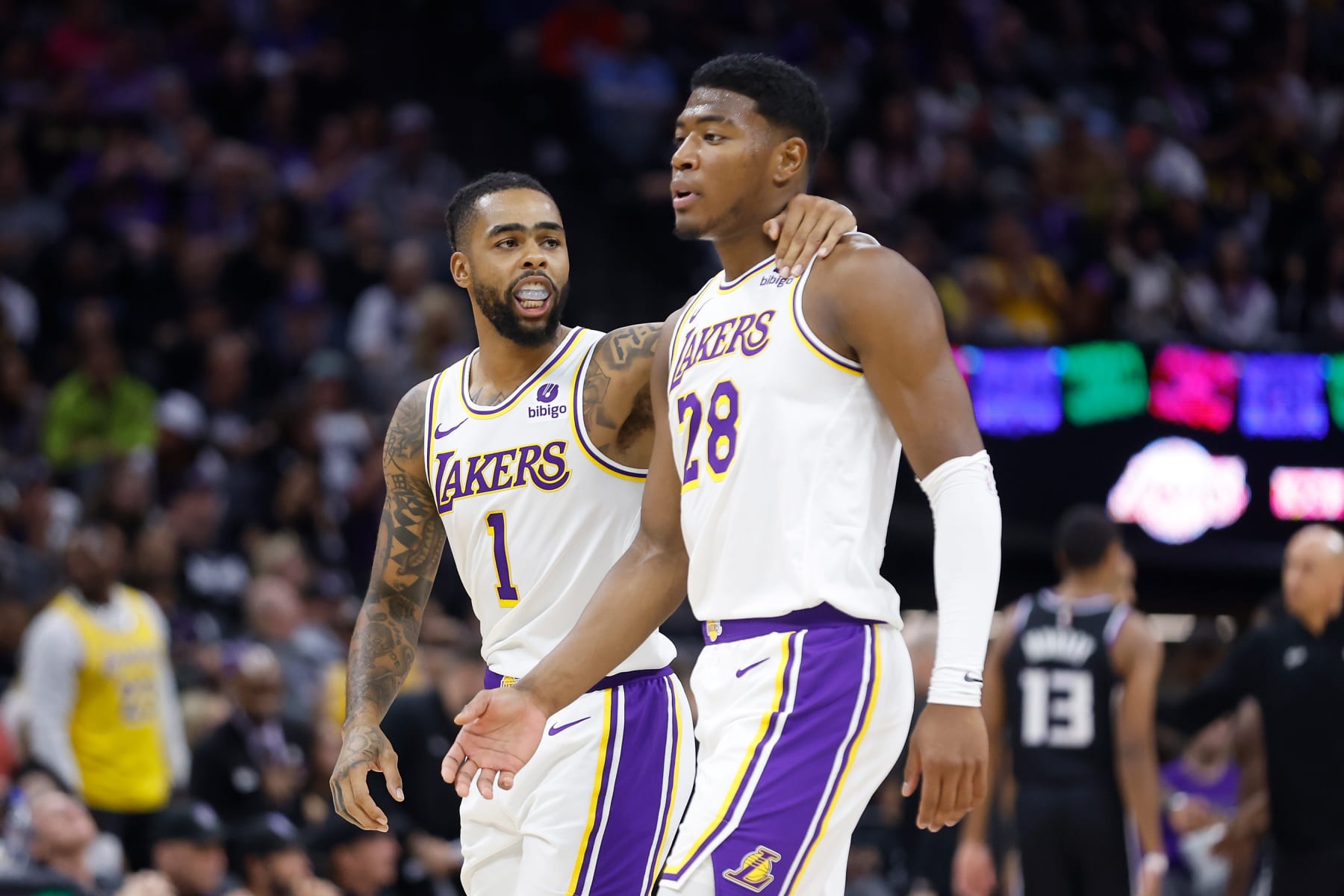SACRAMENTO, CALIFORNIA - OCTOBER 29: D'Angelo Russell #1 of the Los Angeles Lakers talks to Rui Hachimura #28 in the fourth quarter against the Sacramento Kings at Golden 1 Center on October 29, 2023 in Sacramento, California. NOTE TO USER: User expressly acknowledges and agrees that, by downloading and or using this photograph, User is consenting to the terms and conditions of the Getty Images License Agreement. (Photo by Lachlan Cunningham/Getty Images)