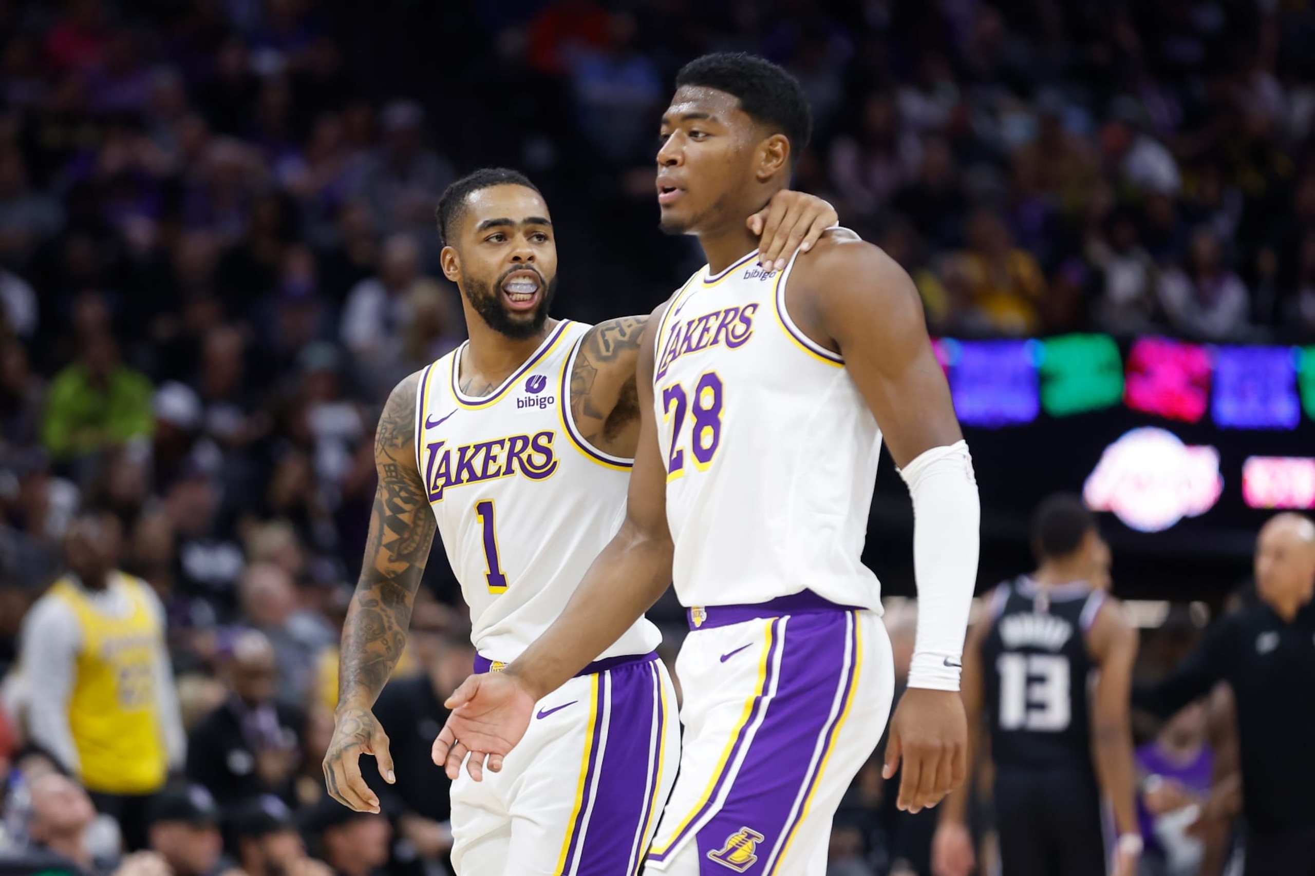 SACRAMENTO, CALIFORNIA - OCTOBER 29: D'Angelo Russell #1 of the Los Angeles Lakers talks to Rui Hachimura #28 in the fourth quarter against the Sacramento Kings at Golden 1 Center on October 29, 2023 in Sacramento, California. NOTE TO USER: User expressly acknowledges and agrees that, by downloading and or using this photograph, User is consenting to the terms and conditions of the Getty Images License Agreement. (Photo by Lachlan Cunningham/Getty Images)