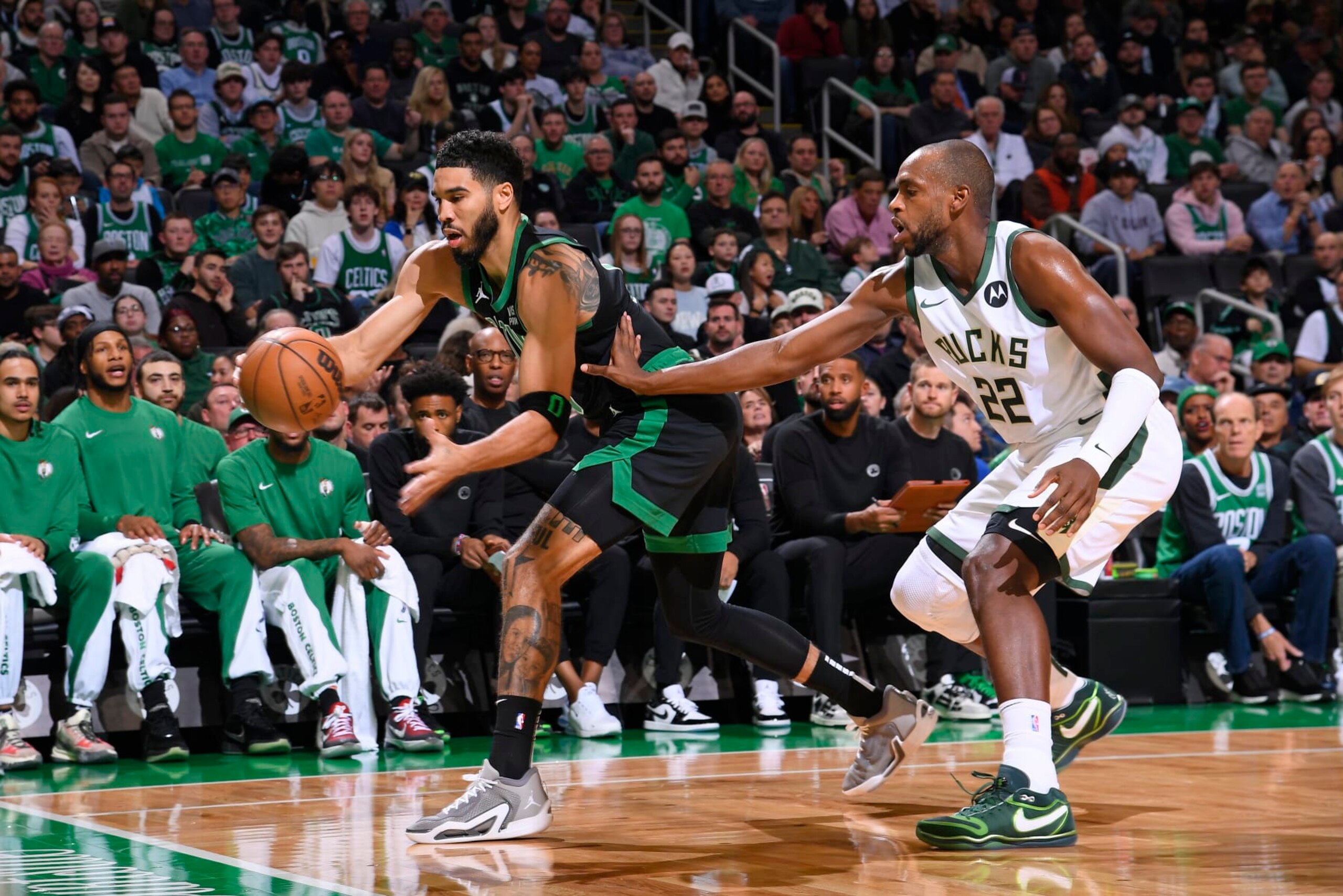 BOSTON, MA - NOVEMBER 22: Jayson Tatum #0 of the Boston Celtics goes after the loose ball during the game against the Milwaukee Bucks on November 22, 2023 at the TD Garden in Boston, Massachusetts. NOTE TO USER: User expressly acknowledges and agrees that, by downloading and or using this photograph, User is consenting to the terms and conditions of the Getty Images License Agreement. Mandatory Copyright Notice: Copyright 2023 NBAE (Photo by Brian Babineau/NBAE via Getty Images) BOSTON, MA - NOVEMBER 22: Jayson Tatum #0 of the Boston Celtics goes after the loose ball during the game against the Milwaukee Bucks on November 22, 2023 at the TD Garden in Boston, Massachusetts. NOTE TO USER: User expressly acknowledges and agrees that, by downloading and or using this photograph, User is consenting to the terms and conditions of the Getty Images License Agreement. Mandatory Copyright Notice: Copyright 2023 NBAE (Photo by Brian Babineau/NBAE via Getty Images)