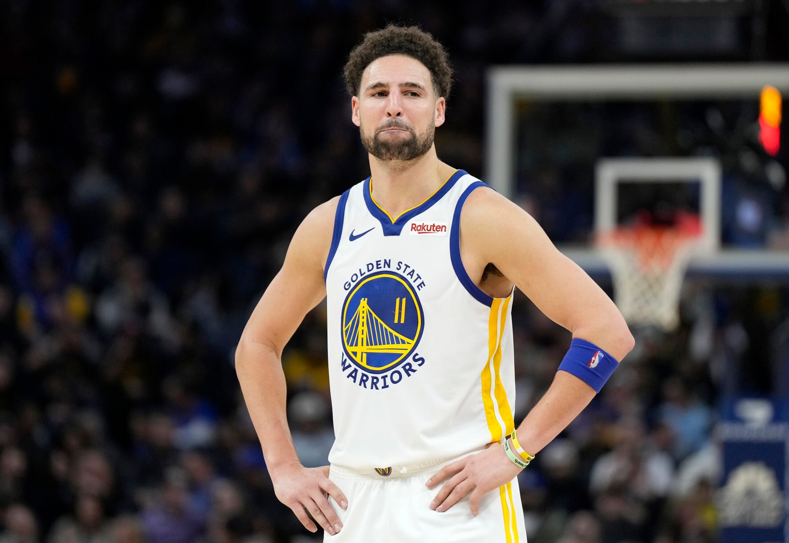 SAN FRANCISCO, CALIFORNIA - DECEMBER 06: Klay Thompson #11 of the Golden State Warriors looks on against the Portland Trail Blazers during the third quarter of an NBA basketball game at Chase Center on December 06, 2023 in San Francisco, California. NOTE TO USER: User expressly acknowledges and agrees that, by downloading and or using this photograph, User is consenting to the terms and conditions of the Getty Images License Agreement. (Photo by Thearon W. Henderson/Getty Images)