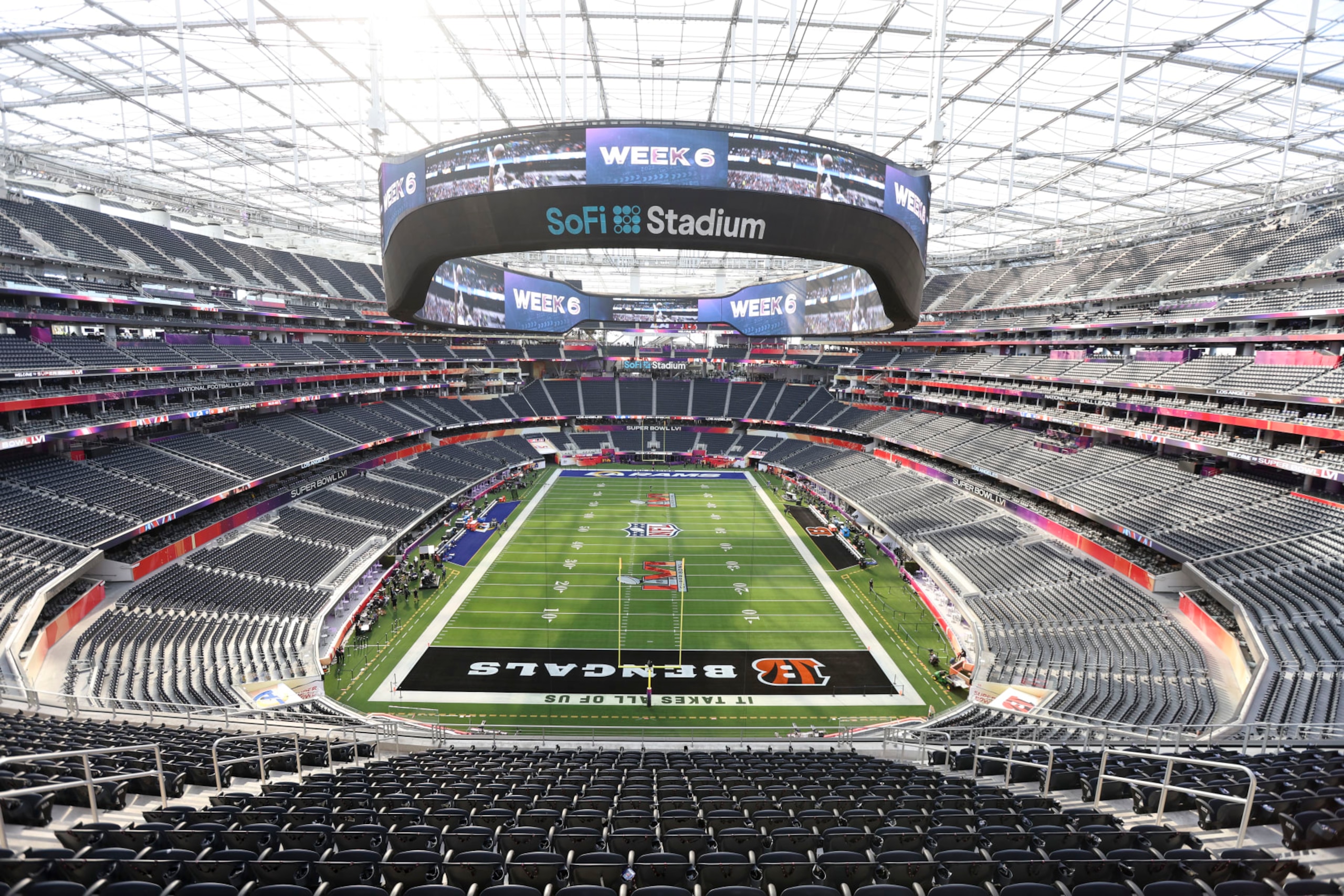 INGLEWOOD, CALIFORNIA - FEBRUARY 13: A general view of the inside of SoFi Stadium prior to the NFL Super Bowl 56 football game between the Los Angeles Rams and the Cincinnati Bengals at SoFi Stadium on February 13, 2022 in Inglewood, California. The Rams won 23-20. (Photo by Michael Owens/Getty Images)