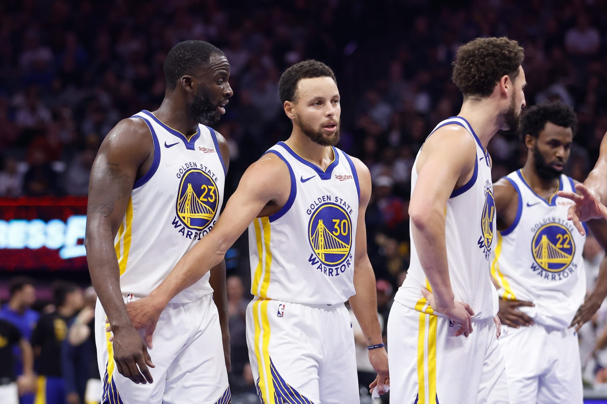 SACRAMENTO, CALIFORNIA - NOVEMBER 28: Draymond Green #23 of the Golden State Warriors talks to teammate Stephen Curry #30 after receiving a technical foul against the Sacramento Kings in the fourth quarter during the NBA In-Season Tournament game at Golden 1 Center on November 28, 2023 in Sacramento, California. NOTE TO USER: User expressly acknowledges and agrees that, by downloading and or using this photograph, User is consenting to the terms and conditions of the Getty Images License Agreement. (Photo by Lachlan Cunningham/Getty Images)