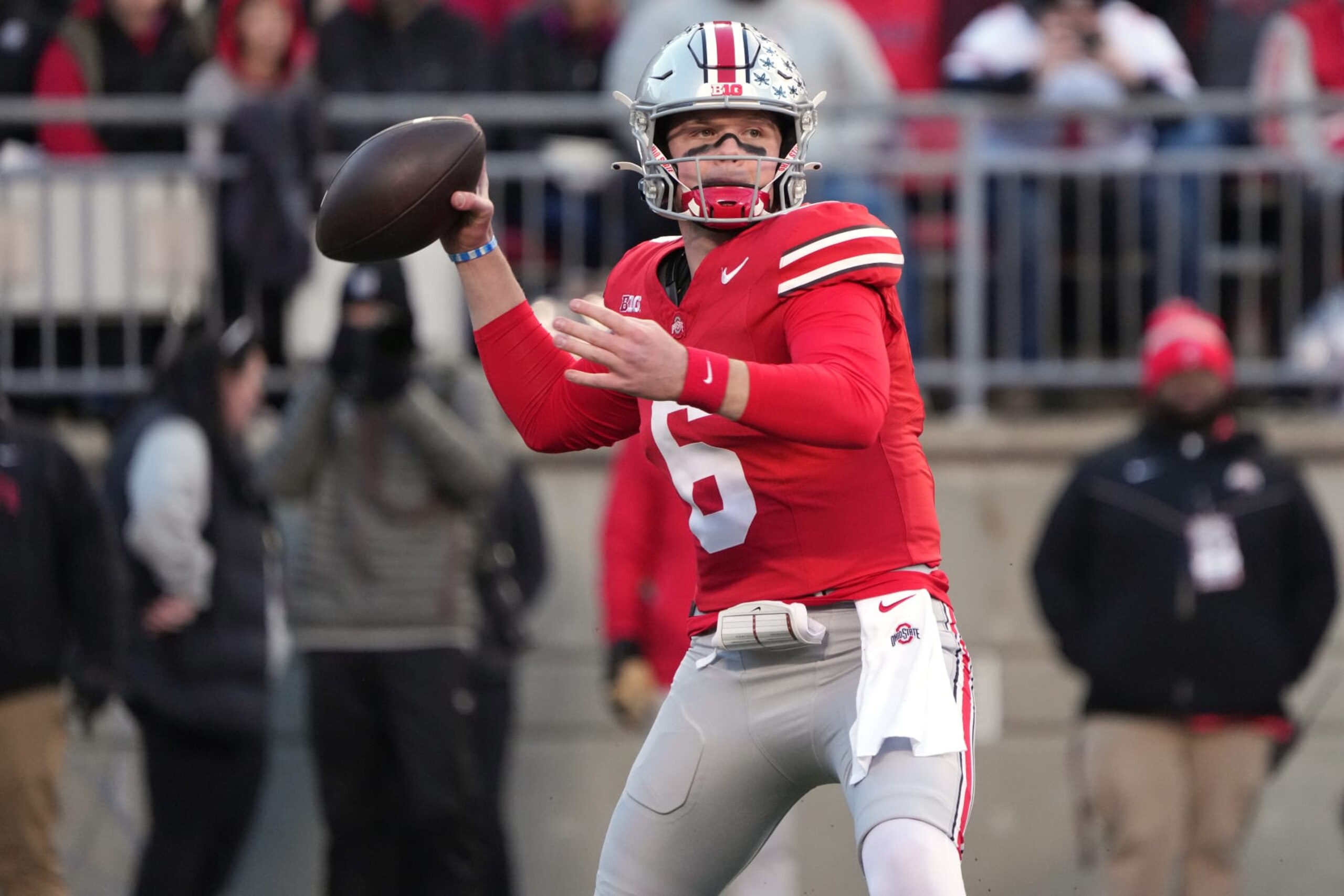 COLUMBUS, OHIO - NOVEMBER 18: Quarterback Kyle McCord #6 of the Ohio State Buckeyes looks to pass the ball during the game against the Minnesota Golden Gophers at Ohio Stadium on November 18, 2023 in Columbus, Ohio. (Photo by Jason Mowry/Getty Images)