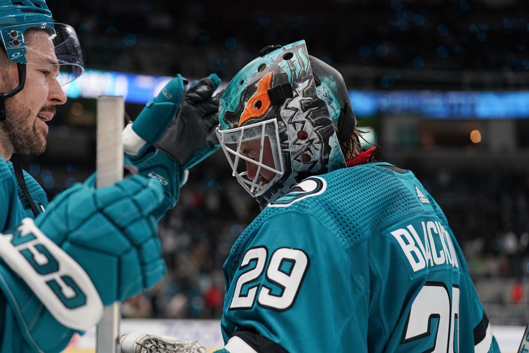 SAN JOSE, CA - DECEMBER 12: Mackenzie Blackwood #29 and Tomas Hertl #48 of the San Jose Sharks celebrate the win against the Winnipeg Jets at SAP Center on December 12, 2023 in San Jose, California. (Photo by Kavin Mistry/NHLI via Getty Images)