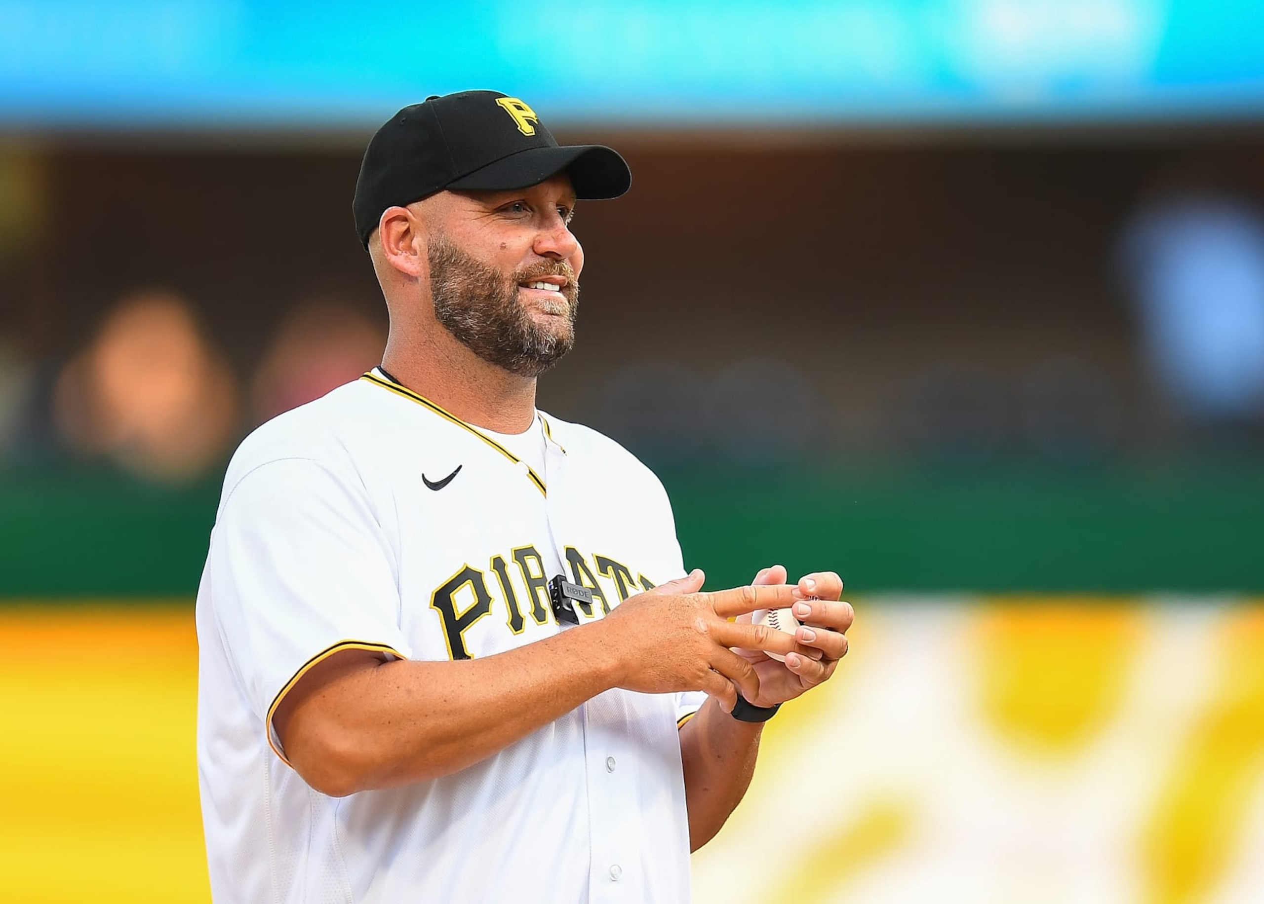 PITTSBURGH, PA - JULY 29:  Ben Roethlisberger throws out a ceremonial first pitch prior to the game between the Philadelphia Phillies and the Pittsburgh Pirates at PNC Park on July 29, 2022 in Pittsburgh, Pennsylvania. (Photo by Joe Sargent/Getty Images)