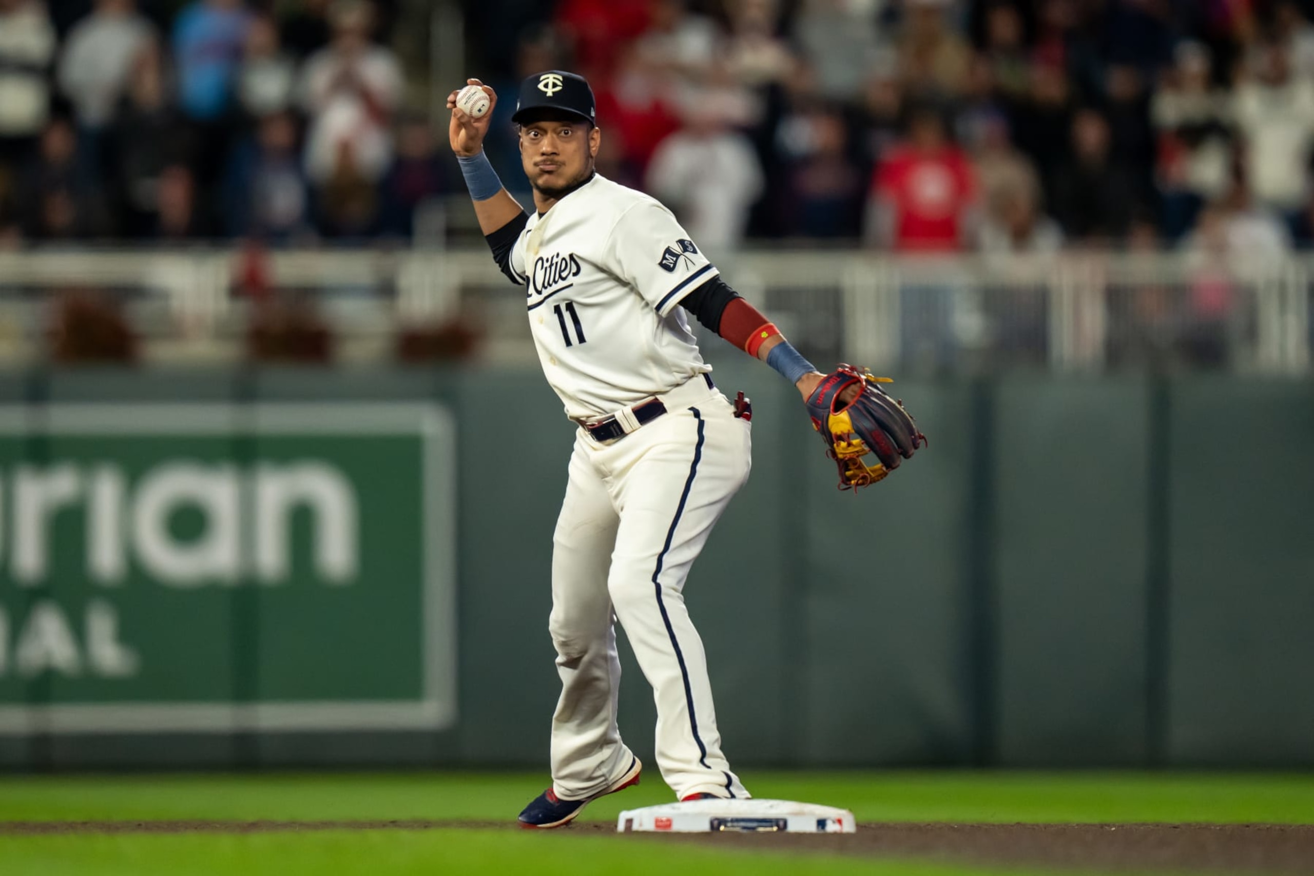 MINNEAPOLIS, MN - OCTOBER 11: Jorge Polanco #11 of the Minnesota Twins throws during game four of the Division Series against the Houston Astros on October 11, 2023 at Target Field in Minneapolis, Minnesota. (Photo by Brace Hemmelgarn/Minnesota Twins/Getty Images)