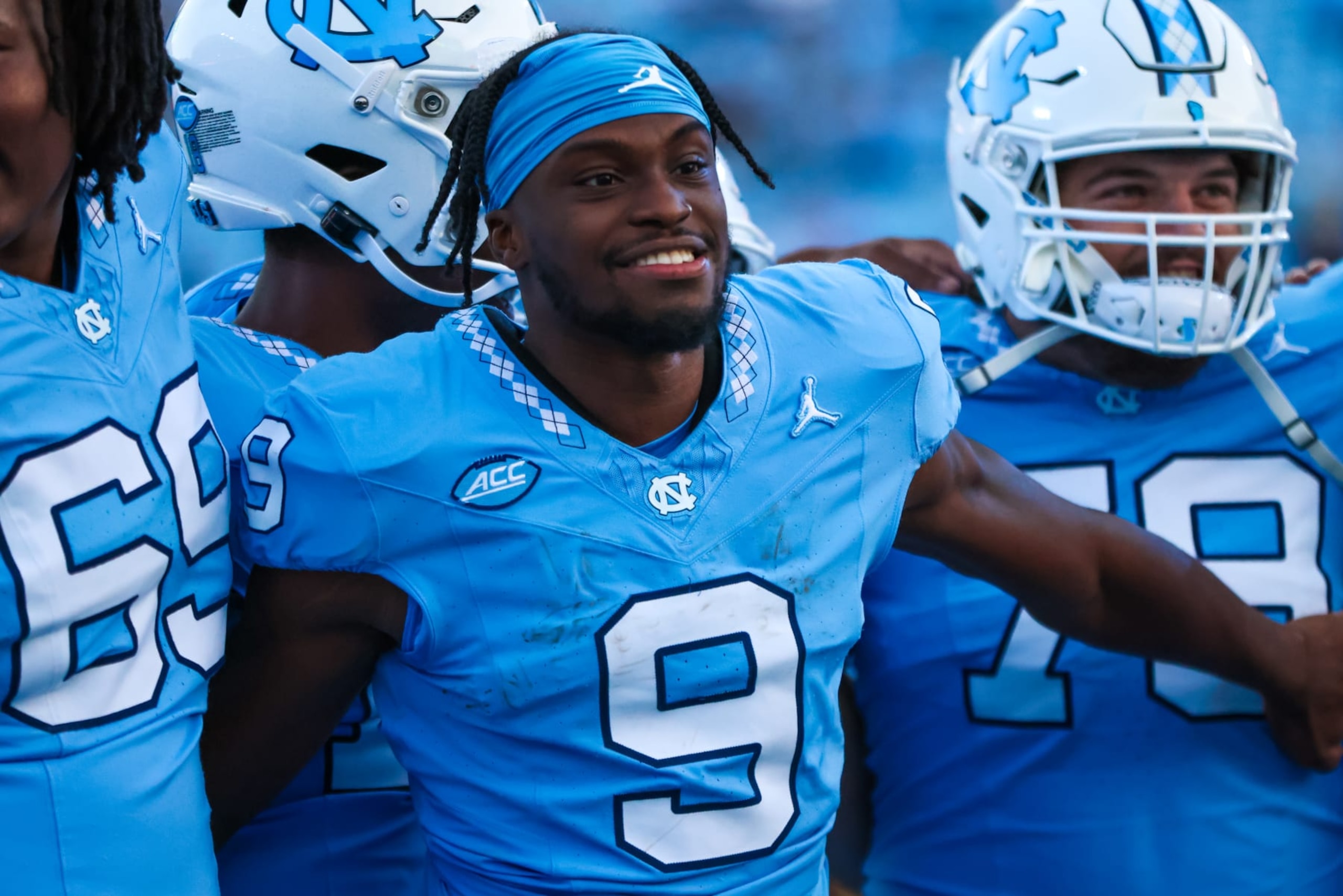 CHAPEL HILL, NC - OCTOBER 07: Devontez Walker #9 of the North Carolina Tar Heels smiles after a football game against the Syracuse Orange at Kenan Memorial Stadium in Chapel Hill, North Carolina on Oct 7, 2023. (Photo by David Jensen/Icon Sportswire via Getty Images)