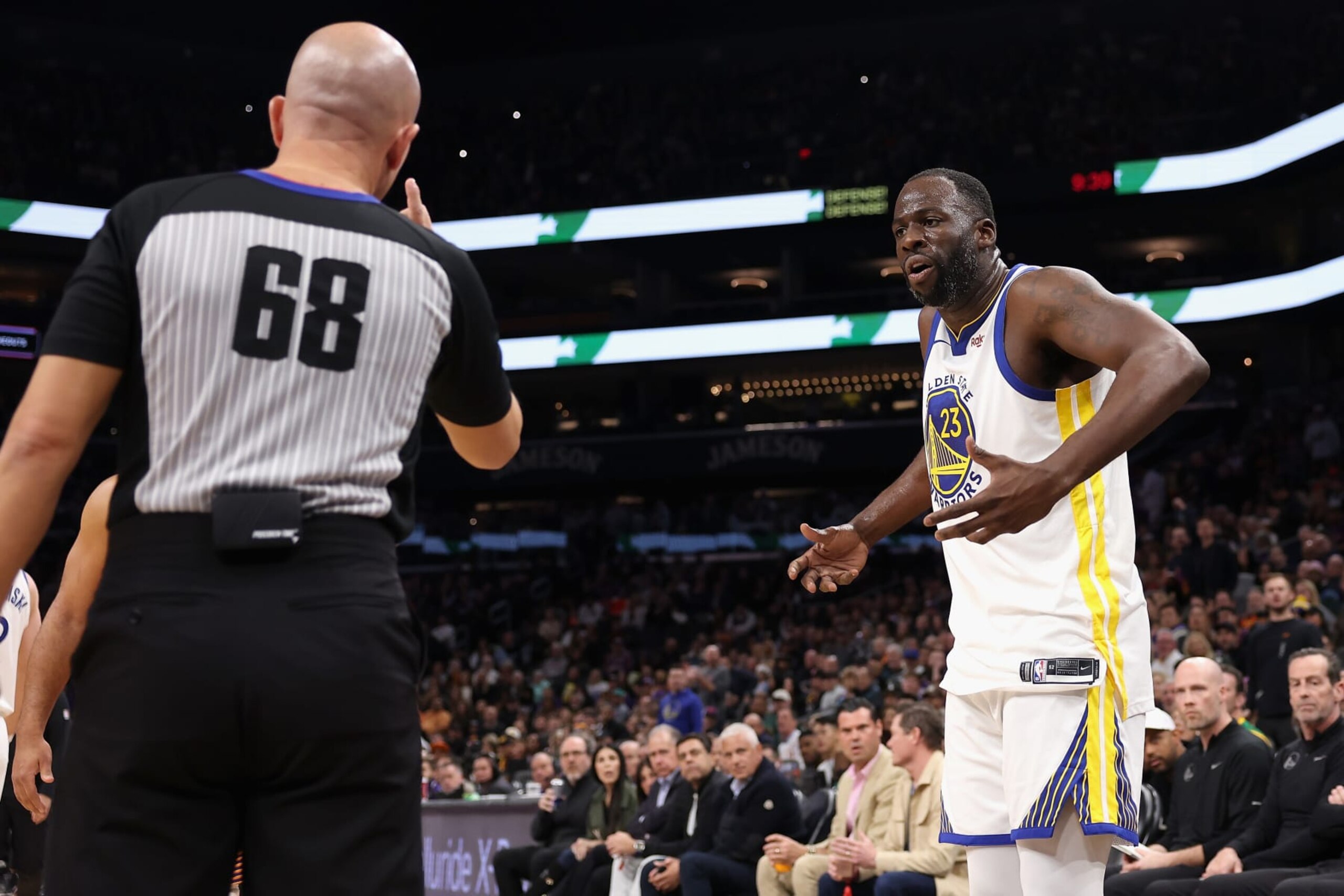 PHOENIX, ARIZONA - DECEMBER 12: Draymond Green #23 of the Golden State Warriors reacts after being ejected for a flagrant foul during the second half of the NBA game against the Phoenix Suns at Footprint Center on December 12, 2023 in Phoenix, Arizona. The Suns defeated the Warriors 119-116. NOTE TO USER: User expressly acknowledges and agrees that, by downloading and or using this photograph, User is consenting to the terms and conditions of the Getty Images License Agreement.  (Photo by Christian Petersen/Getty Images)