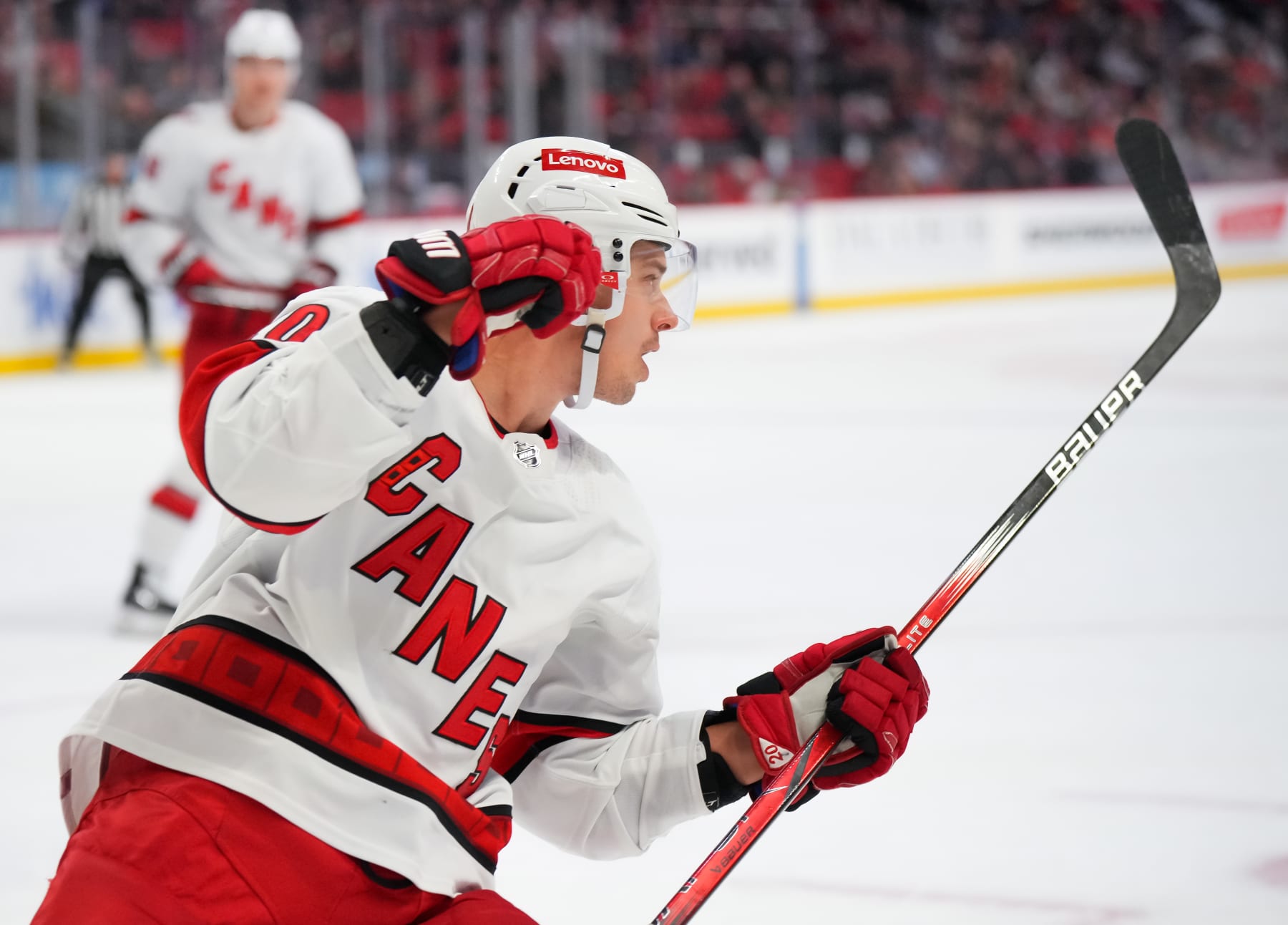 OTTAWA, CANADA - DECEMBER 12: Sebastian Aho #20 of the Carolina Hurricanes celebrates his second-period goal against the Ottawa Senators at Canadian Tire Centre on December 12, 2023 in Ottawa, Ontario, Canada.  (Photo by André Ringuette/NHLI via Getty Images)