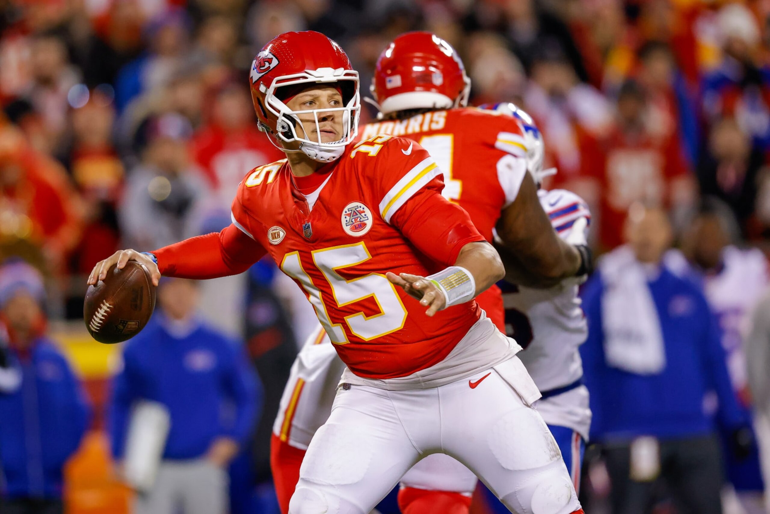 KANSAS CITY, MISSOURI - DECEMBER 10: Patrick Mahomes #15 of the Kansas City Chiefs throws a third quarter pass against the Buffalo Bills at GEHA Field at Arrowhead Stadium on December 10, 2023 in Kansas City, Missouri. (Photo by David Eulitt/Getty Images)