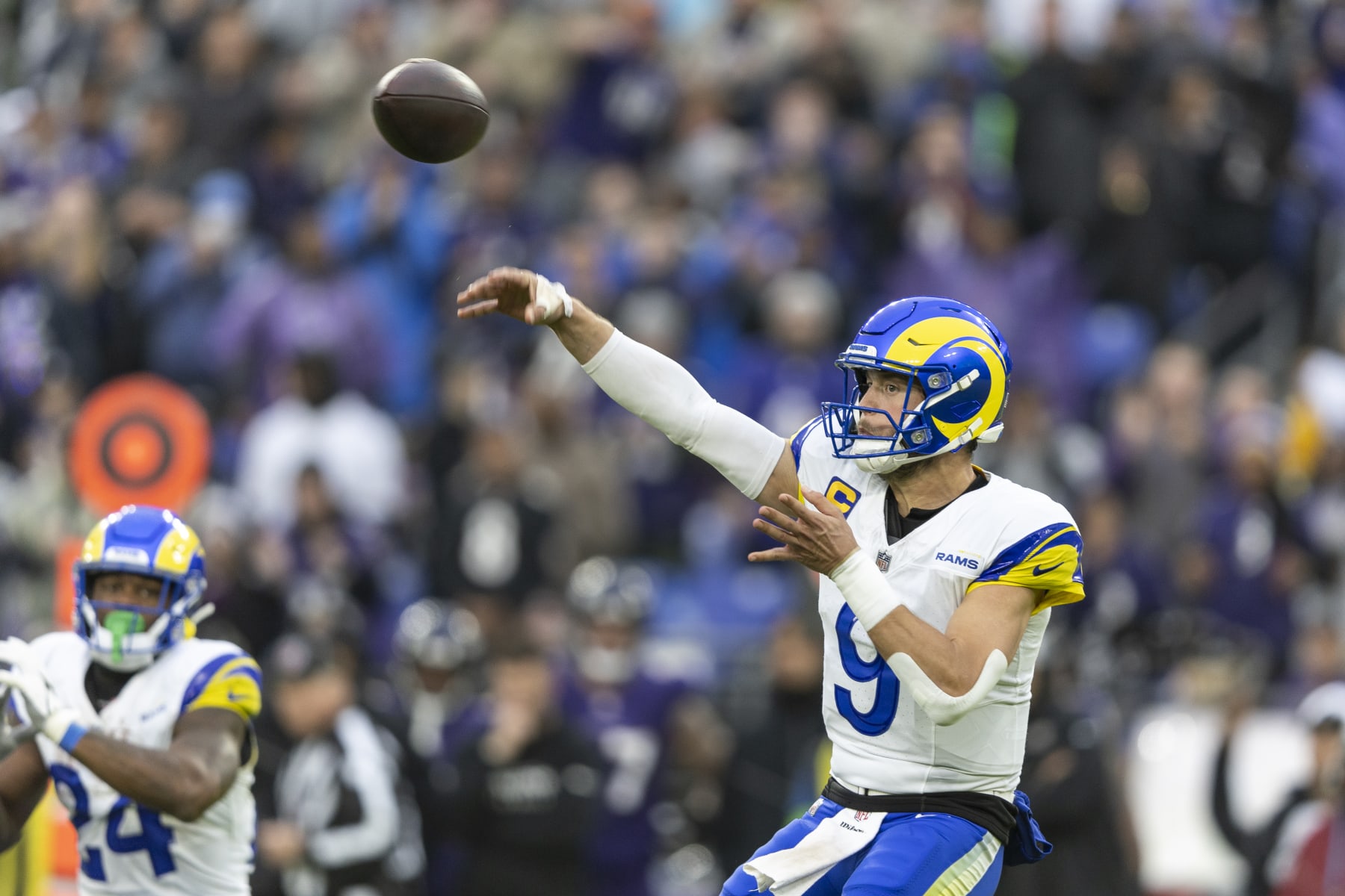 BALTIMORE, MARYLAND - DECEMBER 10: Matthew Stafford #9 of the Los Angeles Rams throws a pass during an NFL football game between the Baltimore Ravens and the Los Angeles Rams at M&T Bank Stadium on December 10, 2023 in Baltimore, Maryland. (Photo by Michael Owens/Getty Images)