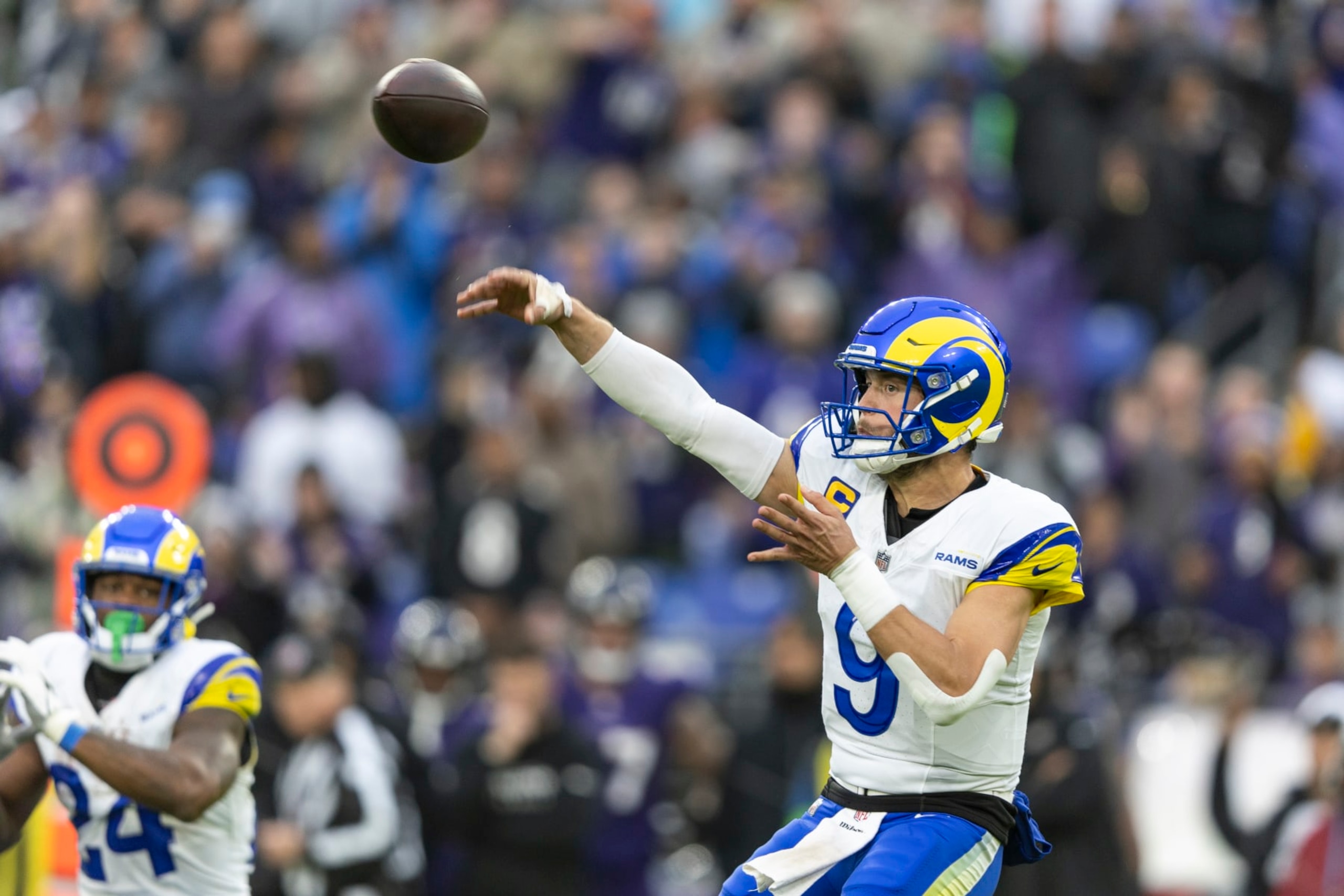 BALTIMORE, MARYLAND - DECEMBER 10: Matthew Stafford #9 of the Los Angeles Rams throws a pass during an NFL football game between the Baltimore Ravens and the Los Angeles Rams at M&T Bank Stadium on December 10, 2023 in Baltimore, Maryland. (Photo by Michael Owens/Getty Images)
