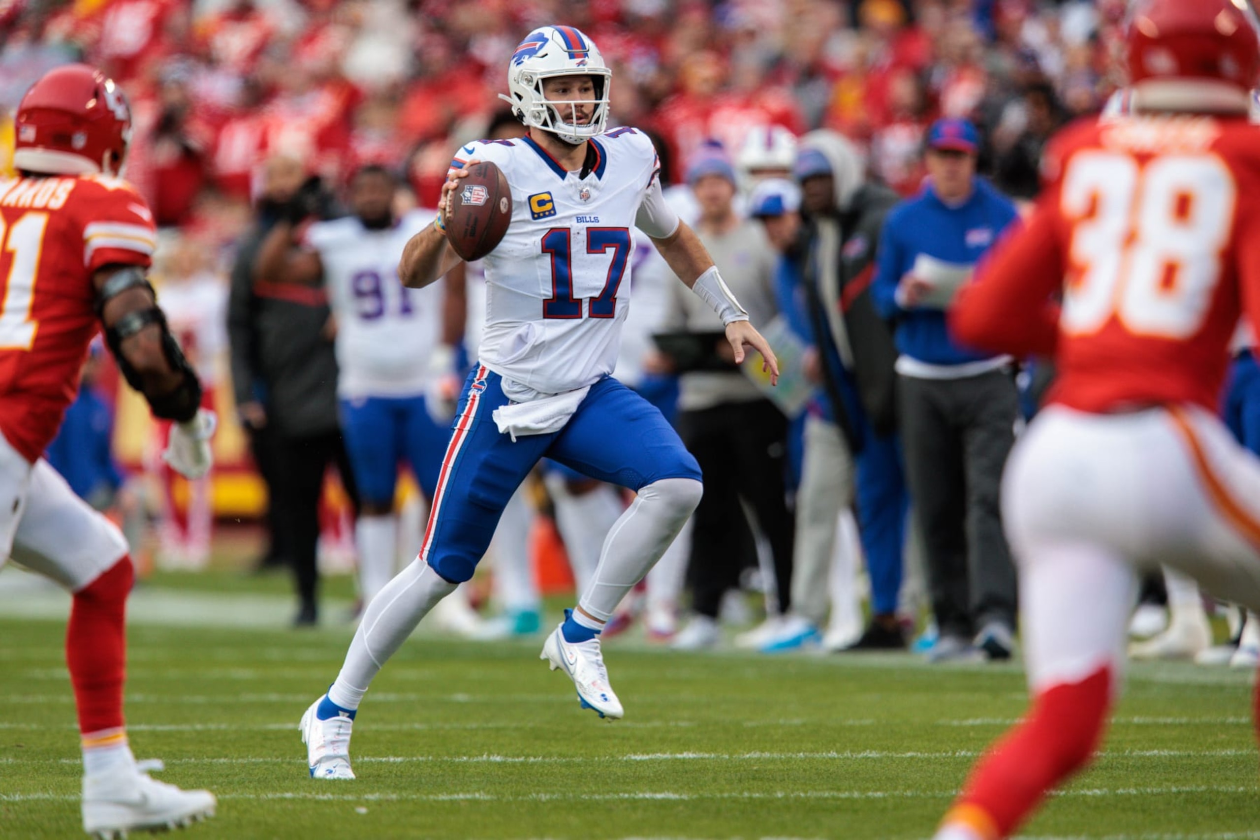 KANSAS CITY, MO - DECEMBER 10: Buffalo Bills quarterback Josh Allen (17) looks to pass during the first half against the Kansas City Chiefs on December 10th at Arrowhead Stadium in Kansas City, Missouri. (Photo by William Purnell/Icon Sportswire via Getty Images)