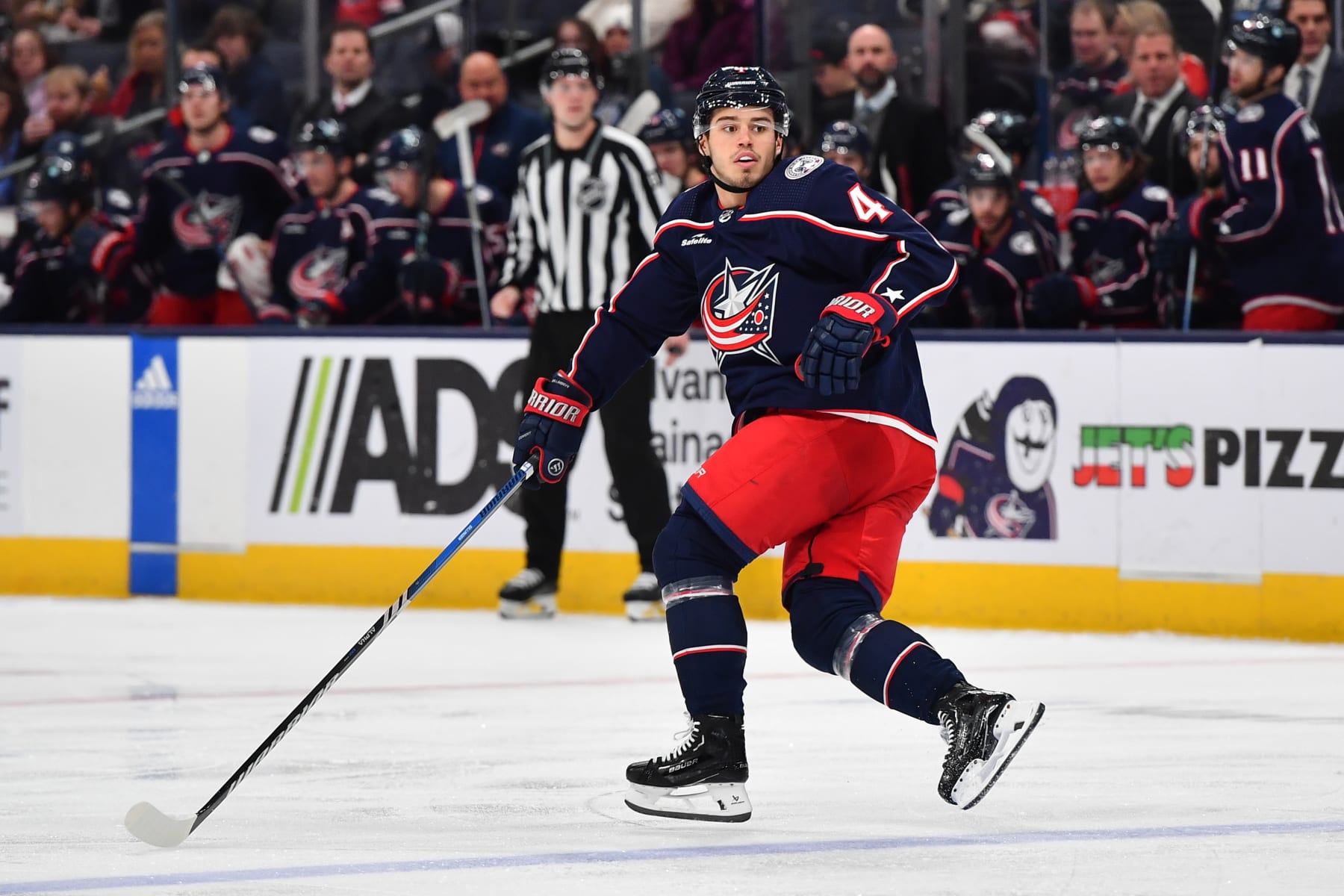 COLUMBUS, OHIO - DECEMBER 10: Cole Sillinger #4 of the Columbus Blue Jackets skates during the first period of a game against the Florida Panthers at Nationwide Arena on December 10, 2023 in Columbus, Ohio. (Photo by Ben Jackson/NHLI via Getty Images)