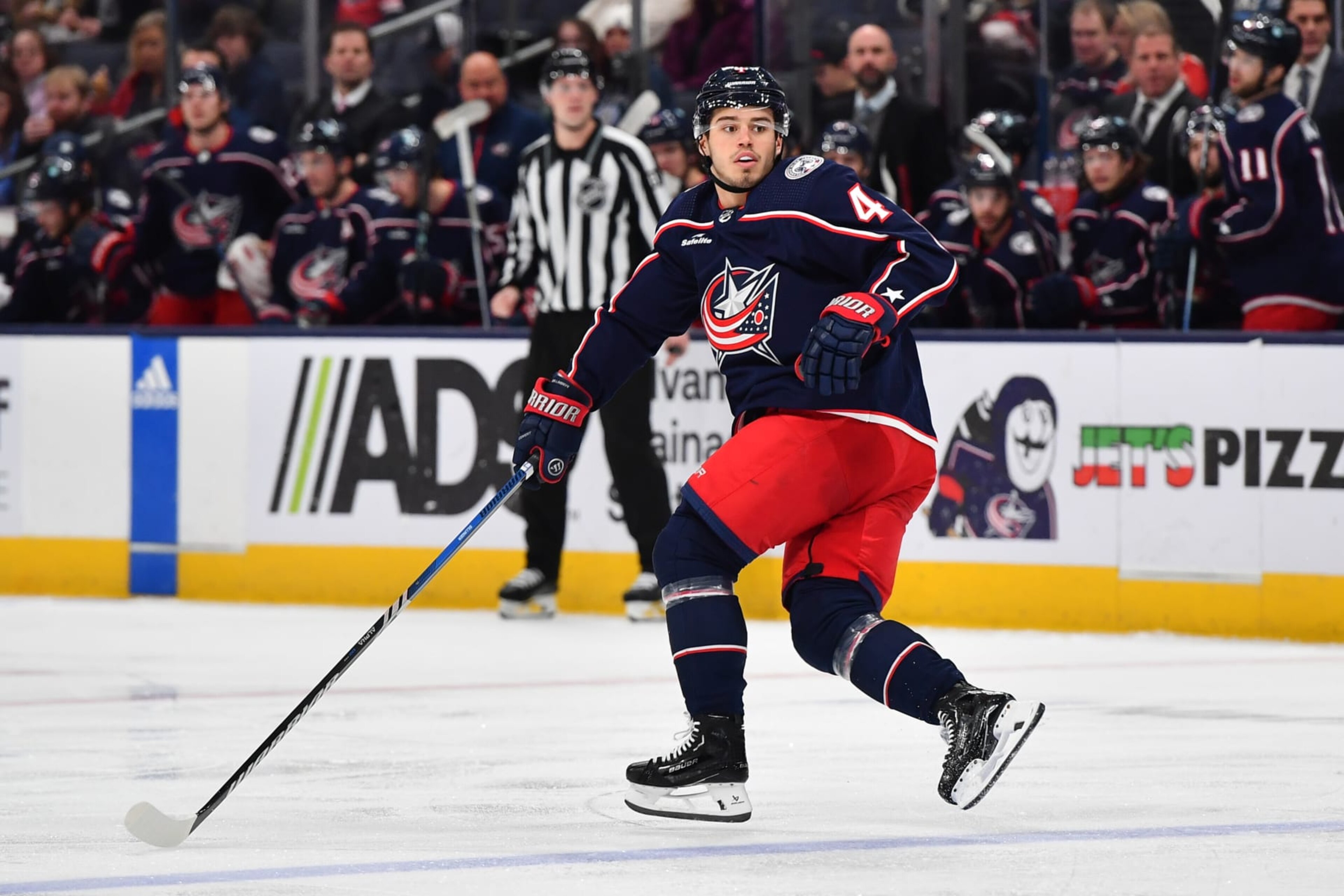COLUMBUS, OHIO - DECEMBER 10: Cole Sillinger #4 of the Columbus Blue Jackets skates during the first period of a game against the Florida Panthers at Nationwide Arena on December 10, 2023 in Columbus, Ohio. (Photo by Ben Jackson/NHLI via Getty Images) COLUMBUS, OHIO - DECEMBER 10: Cole Sillinger #4 of the Columbus Blue Jackets skates during the first period of a game against the Florida Panthers at Nationwide Arena on December 10, 2023 in Columbus, Ohio. (Photo by Ben Jackson/NHLI via Getty Images)