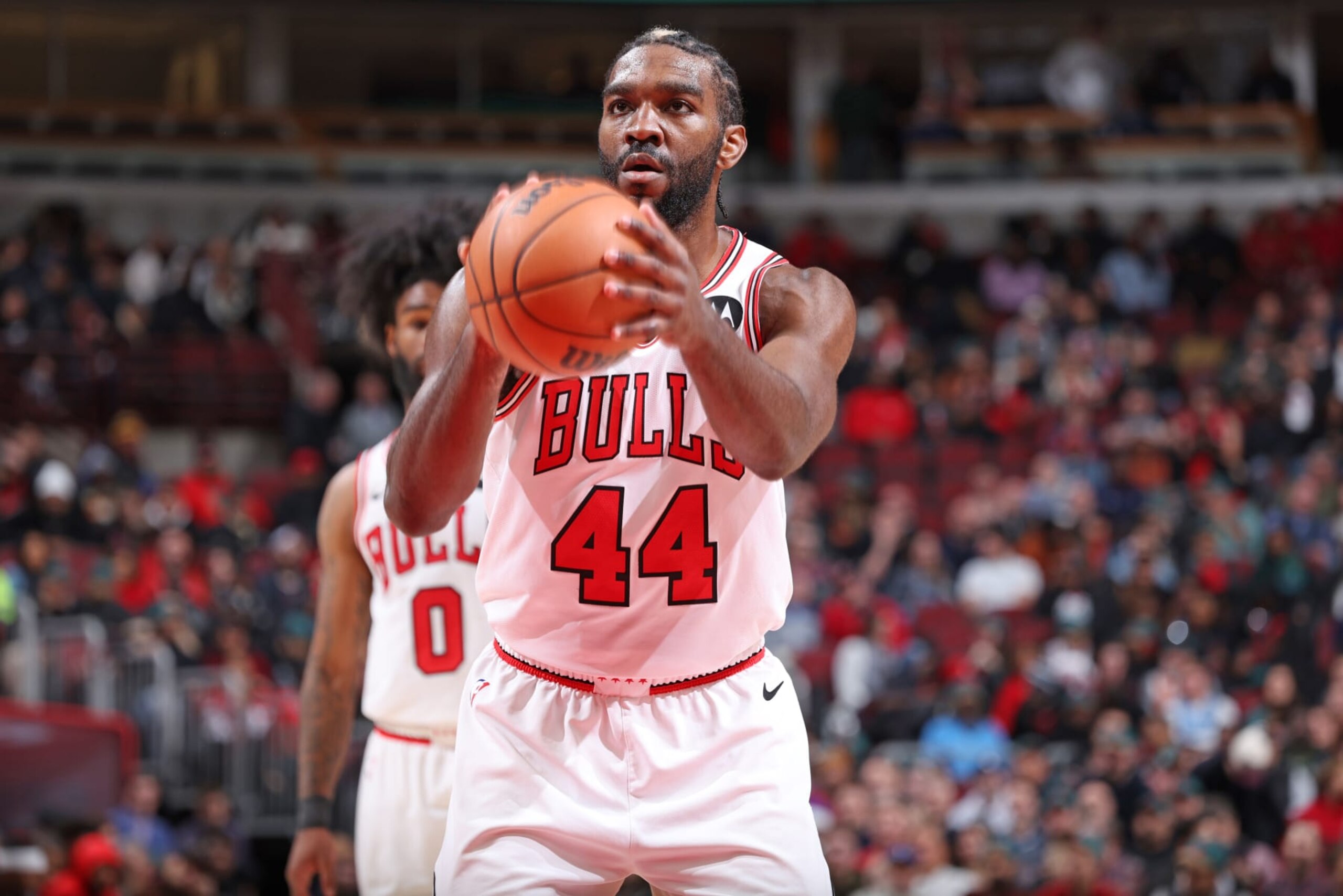 CHICAGO, IL - DECEMBER 12: Patrick Williams #44 of the Chicago Bulls shoots a free throw during the game against the Denver Nuggets on December 12, 2023 at United Center in Chicago, Illinois. NOTE TO USER: User expressly acknowledges and agrees that, by downloading and or using this photograph, User is consenting to the terms and conditions of the Getty Images License Agreement. Mandatory Copyright Notice: Copyright 2023 NBAE (Photo by Jeff Haynes/NBAE via Getty Images)