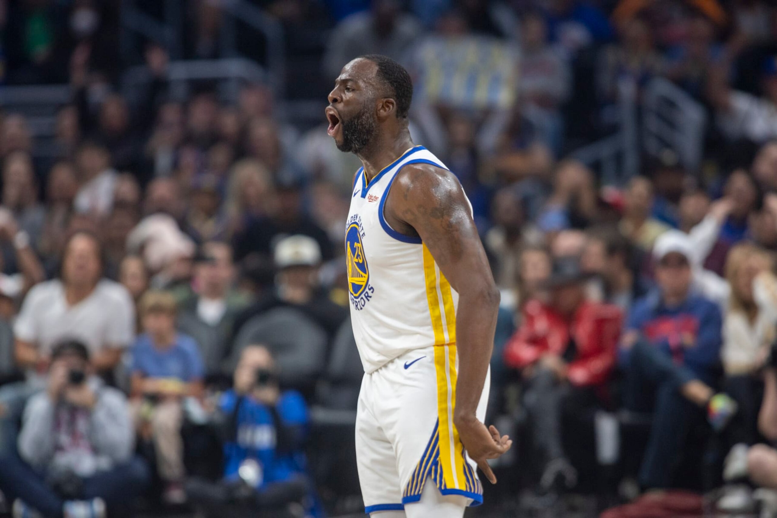 LOS ANGELES, CA - DECEMBER 02: Golden State Warriors forward Draymond Green (23) reacts to making a basket in the first half of an NBA basketball game between the Golden State Warriors and Los Angeles Clippers, Saturday, December 2, 2023, at Crypto.com Arena in Los Angeles, California. (Photo by Tony Ding/Icon Sportswire via Getty Images) LOS ANGELES, CA - DECEMBER 02: Golden State Warriors forward Draymond Green (23) reacts to making a basket in the first half of an NBA basketball game between the Golden State Warriors and Los Angeles Clippers, Saturday, December 2, 2023, at Crypto.com Arena in Los Angeles, California. (Photo by Tony Ding/Icon Sportswire via Getty Images)