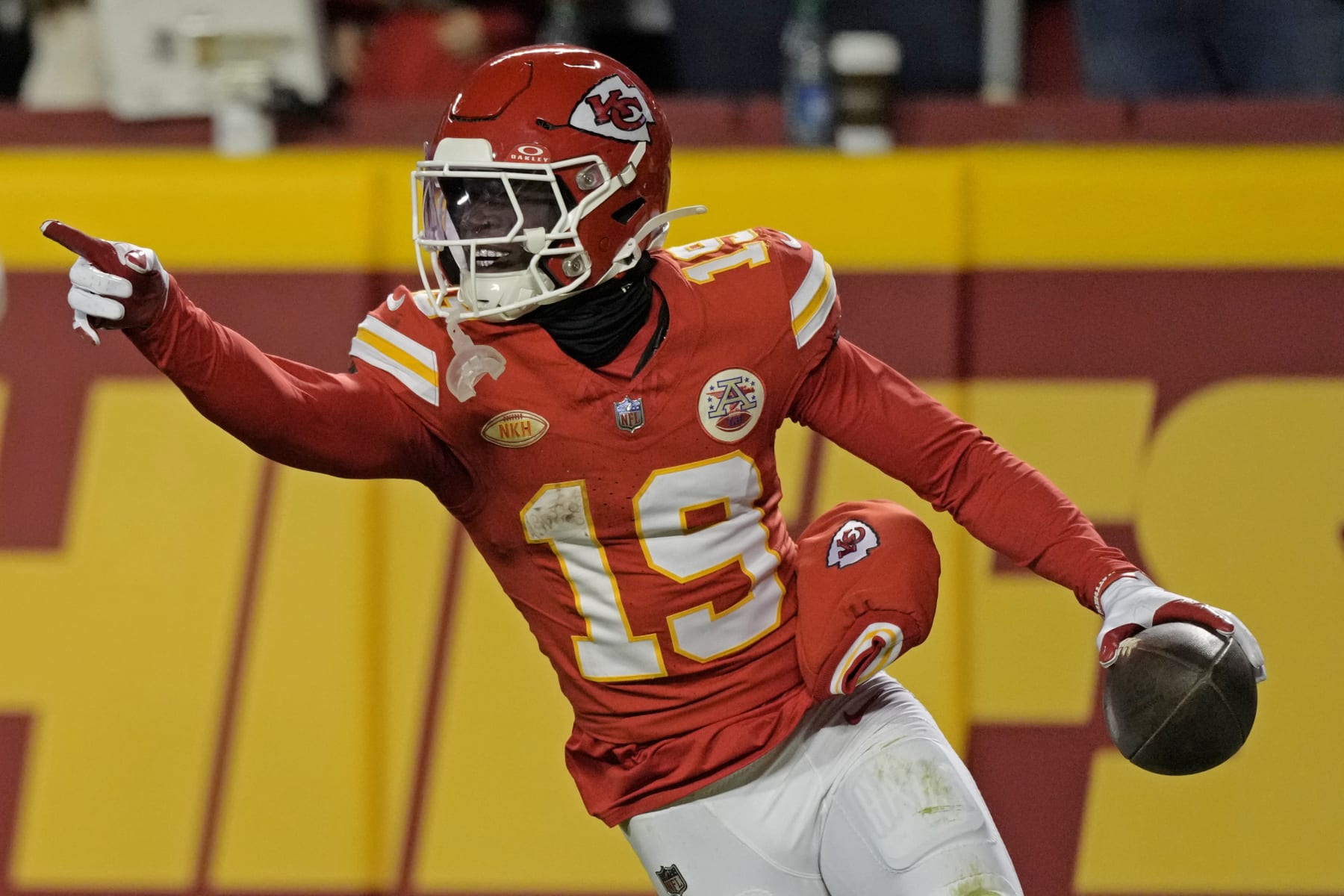 Kansas City Chiefs wide receiver Kadarius Toney celebrates during the second half of an NFL football game against the Buffalo Bills Sunday, Dec. 10, 2023, in Kansas City, Mo. (AP Photo/Charlie Riedel)
