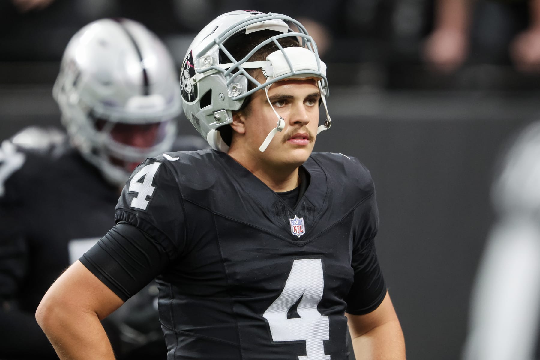 LAS VEGAS, NEVADA - DECEMBER 10: Aidan O'Connell #4 of the Las Vegas Raiders reacts before the game against the Minnesota Vikings at Allegiant Stadium on December 10, 2023 in Las Vegas, Nevada. (Photo by Steve Marcus/Getty Images)