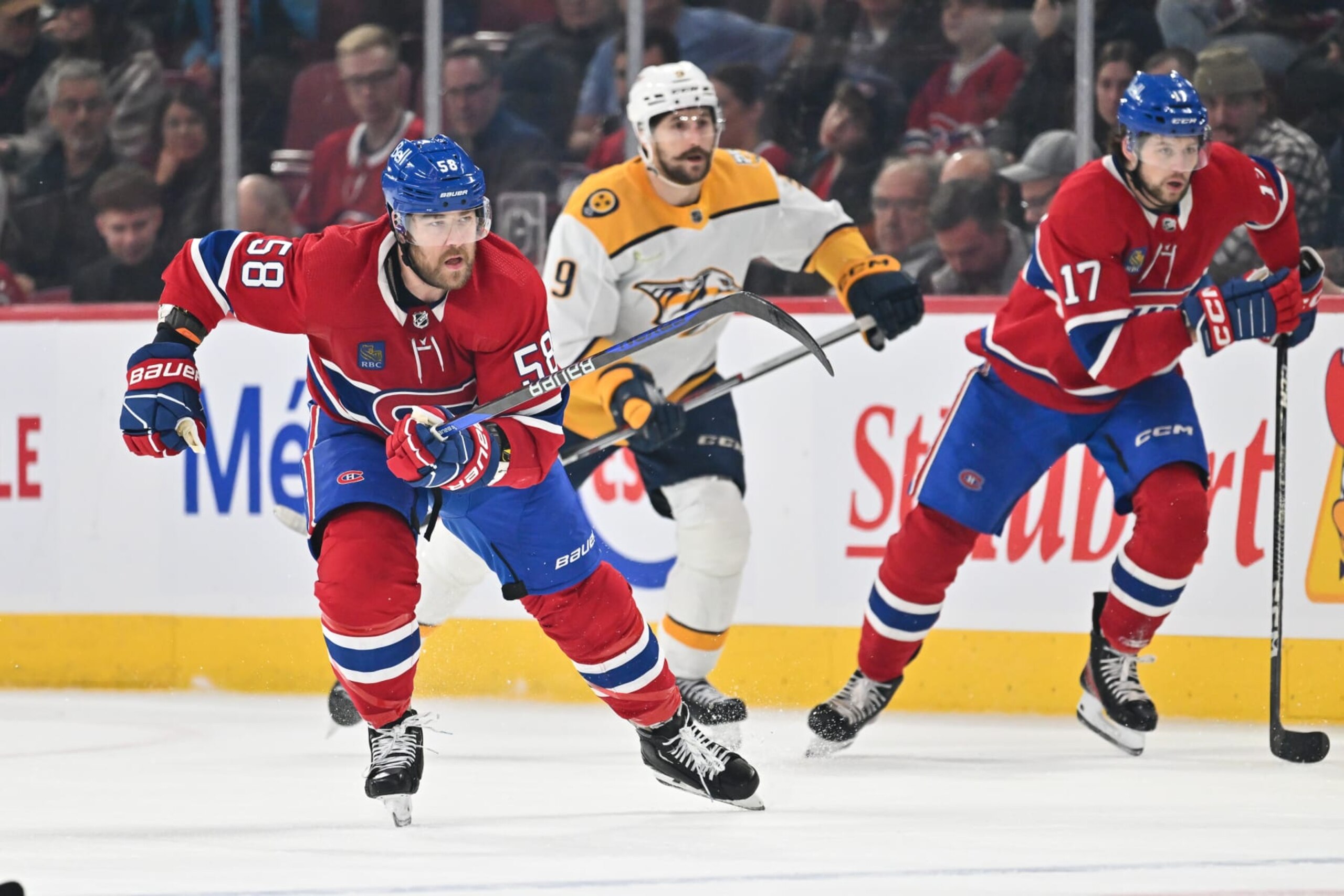 MONTREAL, CANADA - DECEMBER 10:  David Savard #58 of the Montreal Canadiens skates during the third period against the Nashville Predators at the Bell Centre on December 10, 2023 in Montreal, Quebec, Canada.  The Nashville Predators defeated the Montreal Canadiens 2-1.  (Photo by Minas Panagiotakis/Getty Images)
