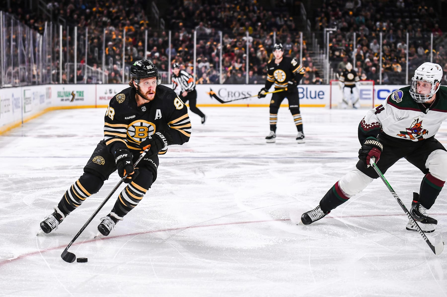 BOSTON, MASSACHUSETTS - DECEMBER 09: David Pastrnak #88 of the Boston Bruins skates with the puck during the first period against the Arizona Coyotes at TD Garden on December 09, 2023 in Boston, Massachusetts. (Photo by China Wong/NHLI via Getty Images)