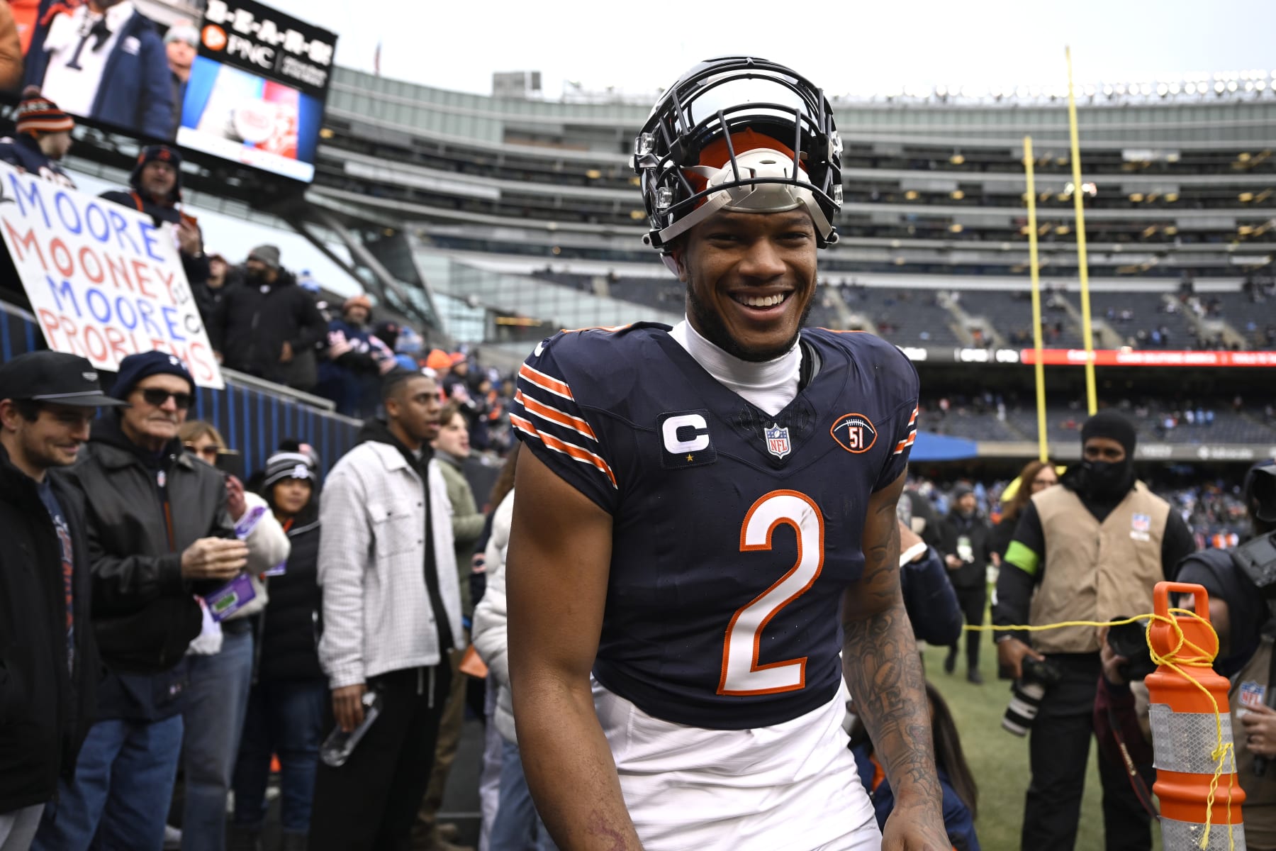 CHICAGO, ILLINOIS - DECEMBER 10: DJ Moore #2 of the Chicago Bears walks on the field prior to the game against the Detroit Lions at Soldier Field on December 10, 2023 in Chicago, Illinois. (Photo by Quinn Harris/Getty Images)