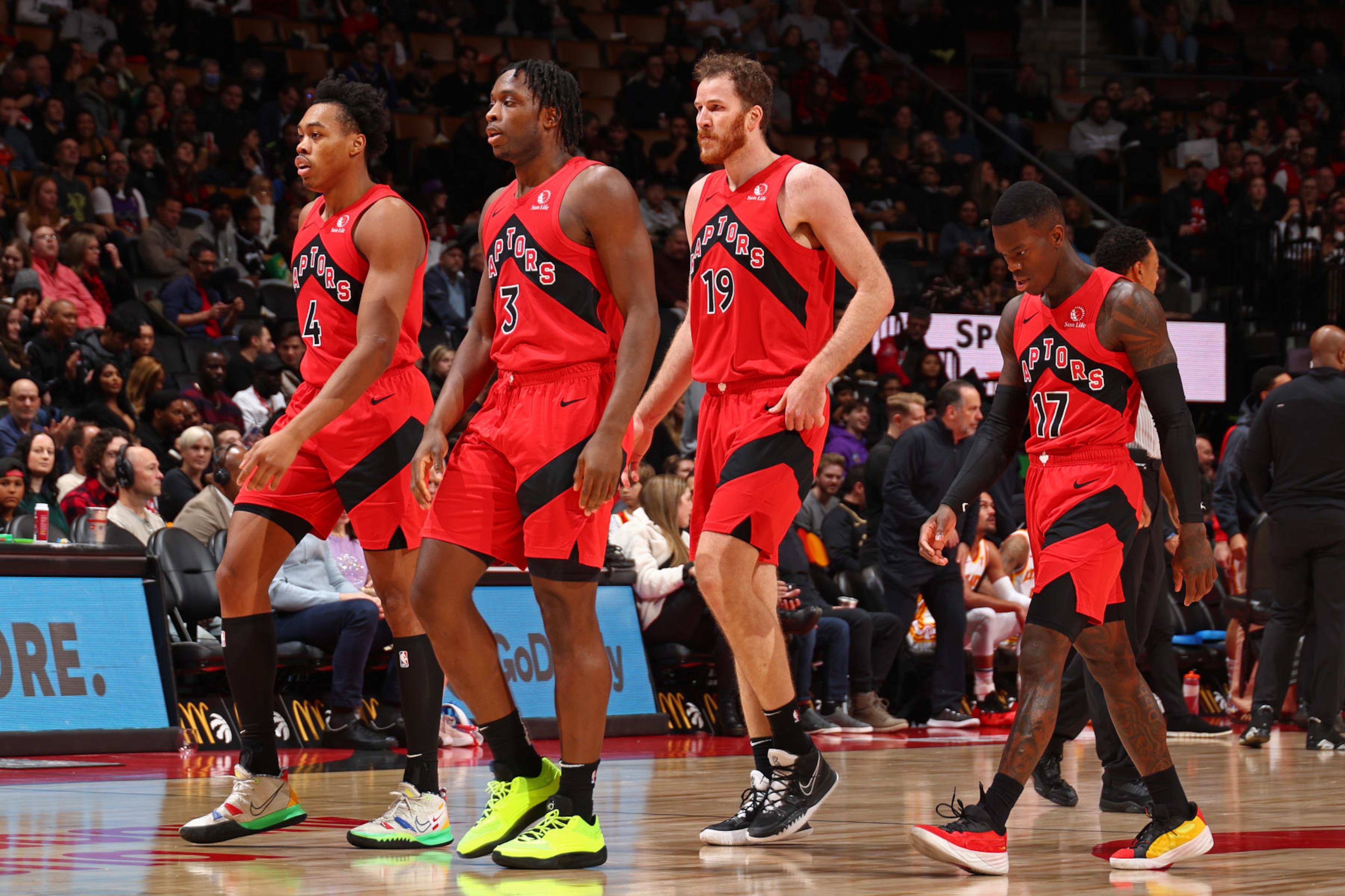 Scottie Barnes, O.G. Anunoby, Jakob Poeltl and Dennis Schröder Scottie Barnes, O.G. Anunoby, Jakob Poeltl and Dennis Schröder