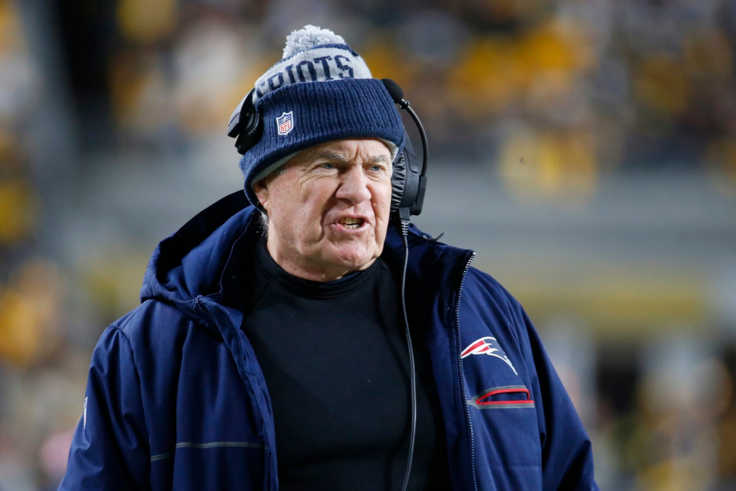 PITTSBURGH, PENNSYLVANIA - DECEMBER 07: New England Patriots head coach Bill Belichick reacts during the second half against the Pittsburgh Steelers at Acrisure Stadium on December 07, 2023 in Pittsburgh, Pennsylvania. (Photo by Justin K. Aller/Getty Images)