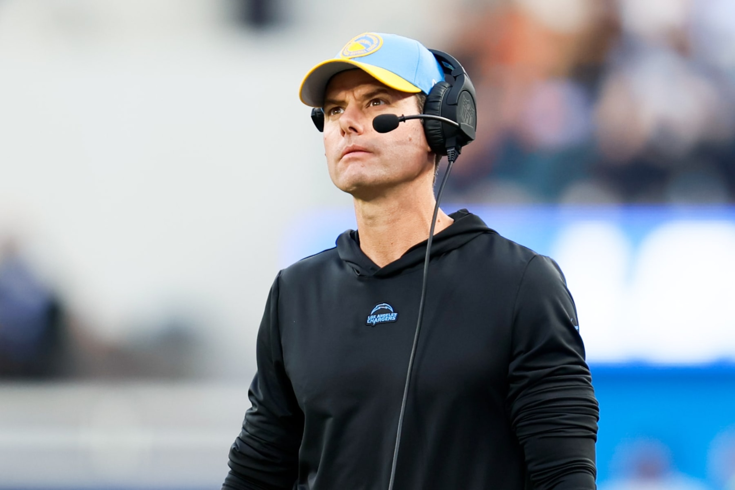 Inglewood, CA - December 10: Los Angeles Chargers head coach Brandon Staley watches from the sideline during the second half against the Denver Broncos at SoFi Stadium in Inglewood Sunday, Dec. 10, 2023. (Allen J. Schaben / Los Angeles Times via Getty Images)