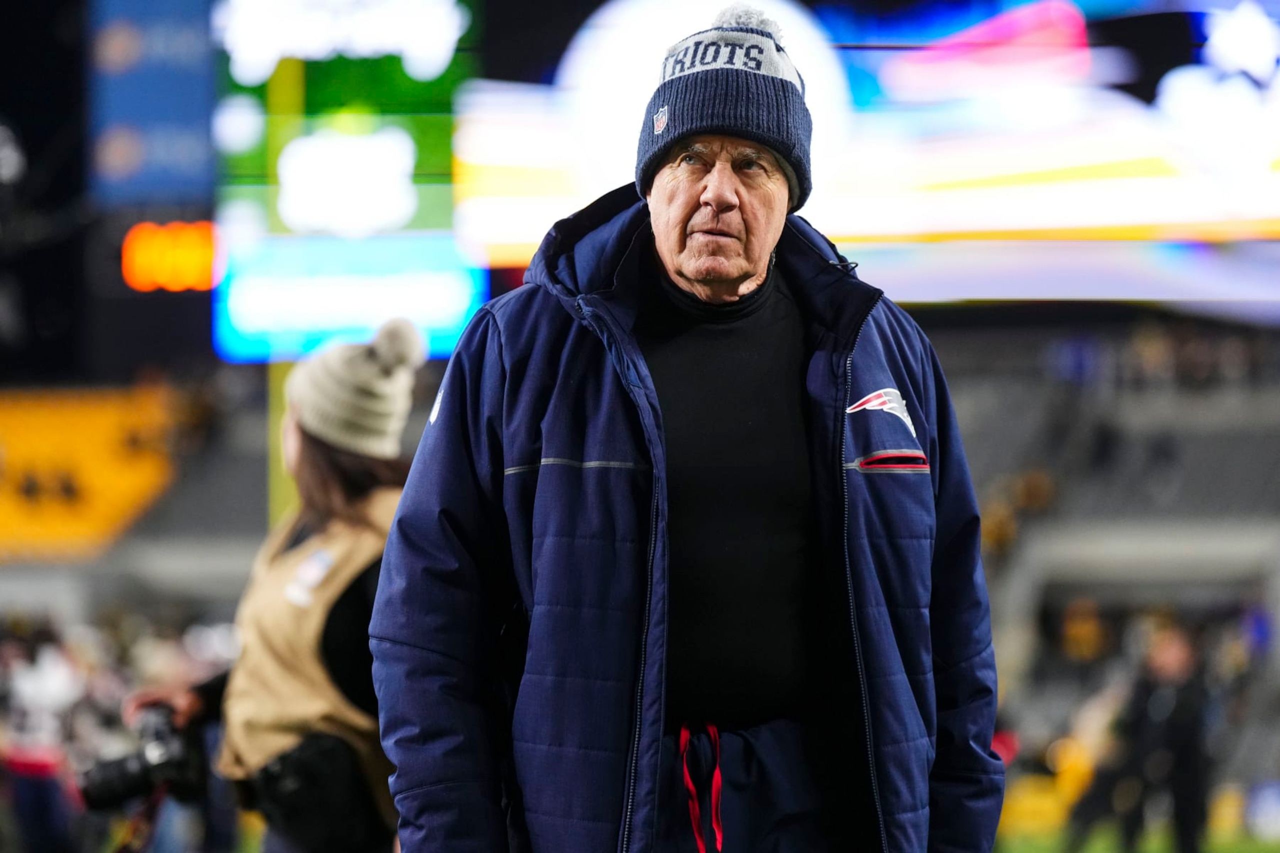PITTSBURGH, PA - DECEMBER 07: New England Patriots head coach Bill Belichick walks off of the field after an NFL football game against the Pittsburgh Steelers at Acrisure Stadium on December 7, 2023 in Pittsburgh, Pennsylvania. (Photo by Cooper Neill/Getty Images)