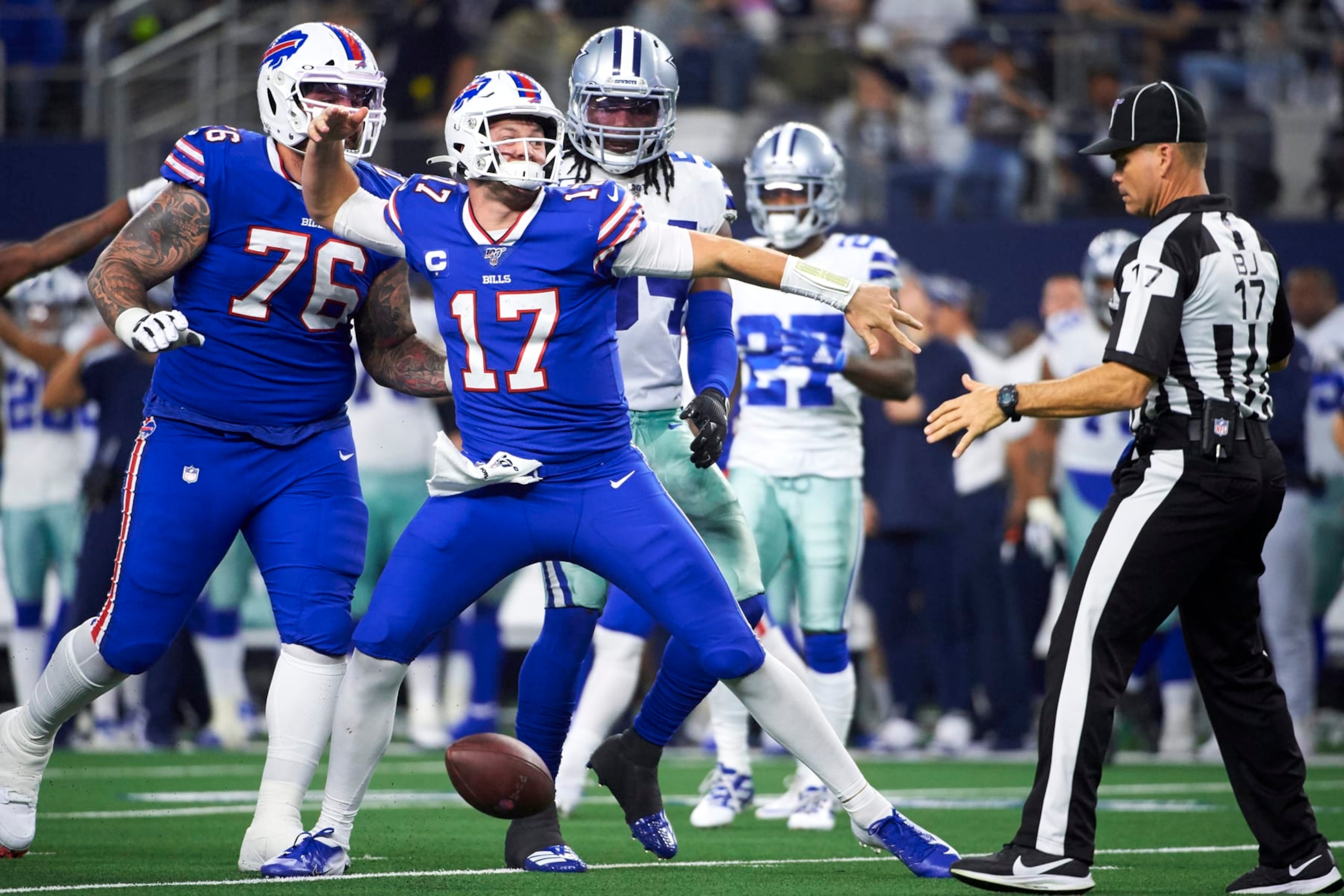ARLINGTON, TX - NOVEMBER 28: Josh Allen #17 of the Buffalo Bills reacts after a play during an NFL football game against the Dallas Cowboys in Arlington, Texas, Thursday, Nov. 28, 2019. (Photo by Cooper Neill/Getty Images)