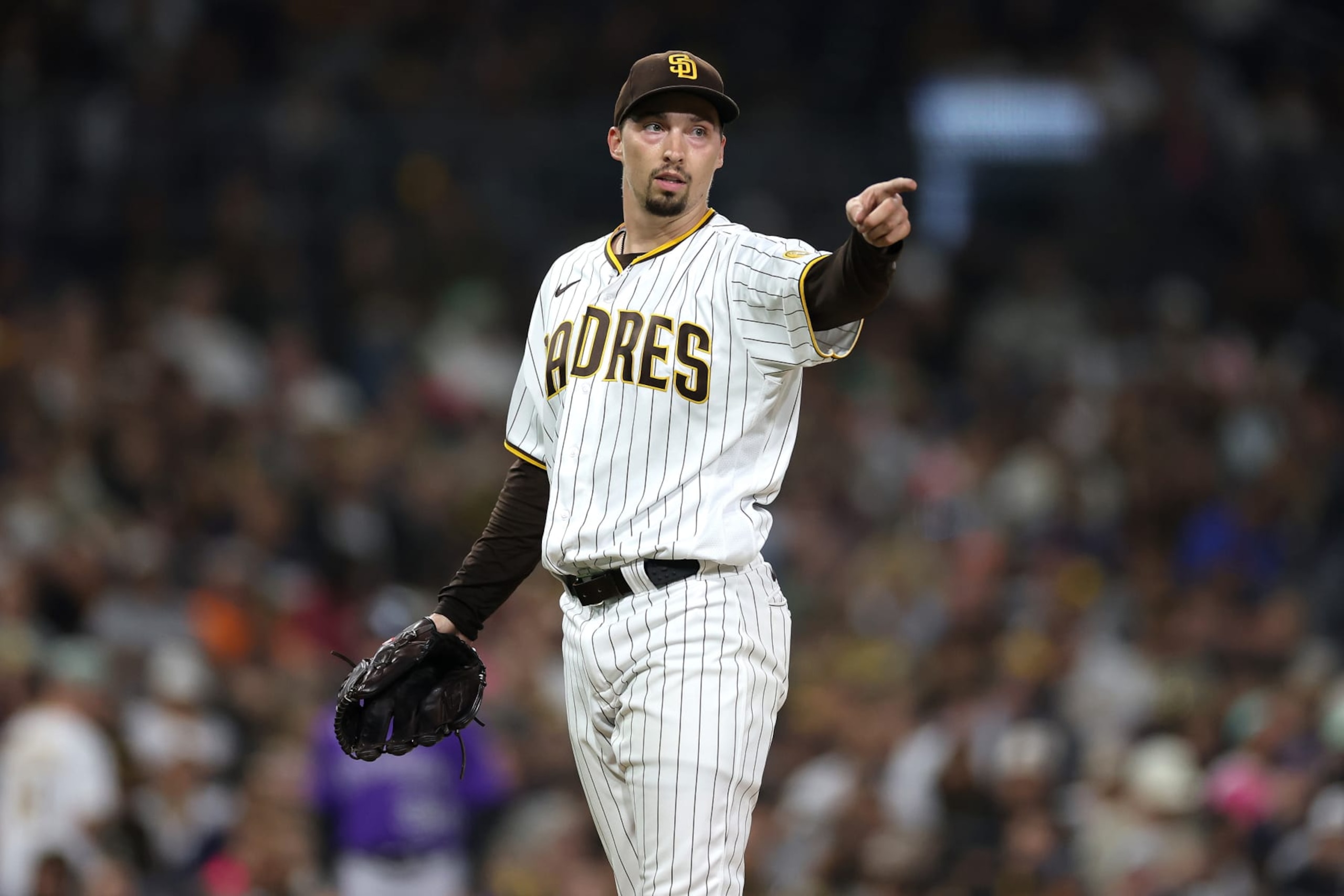 SAN DIEGO, CALIFORNIA - SEPTEMBER 19: Blake Snell #4 of the San Diego Padres looks o during the sixth inning of a game against the Colorado Rockies at PETCO Park on September 19, 2023 in San Diego, California. (Photo by Sean M. Haffey/Getty Images)