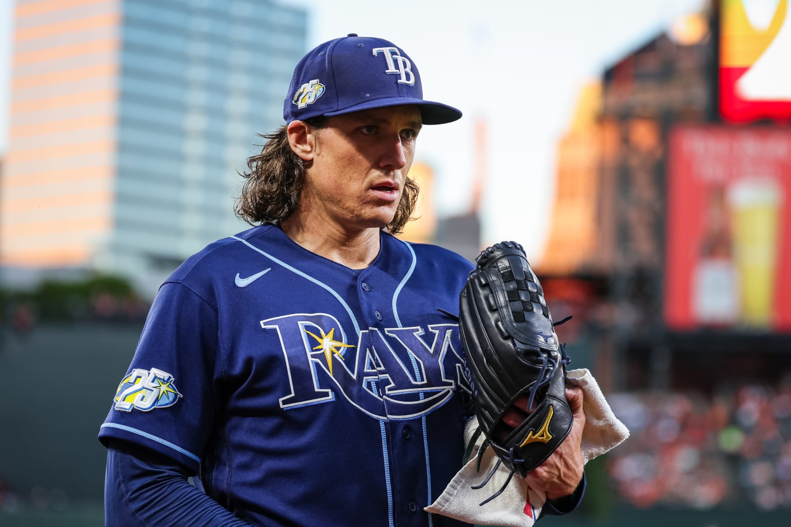 BALTIMORE, MD - SEPTEMBER 16: Tyler Glasnow #20 of the Tampa Bay Rays looks on before the game against the Baltimore Orioles at Oriole Park at Camden Yards on September 16, 2023 in Baltimore, Maryland. (Photo by Scott Taetsch/Getty Images)