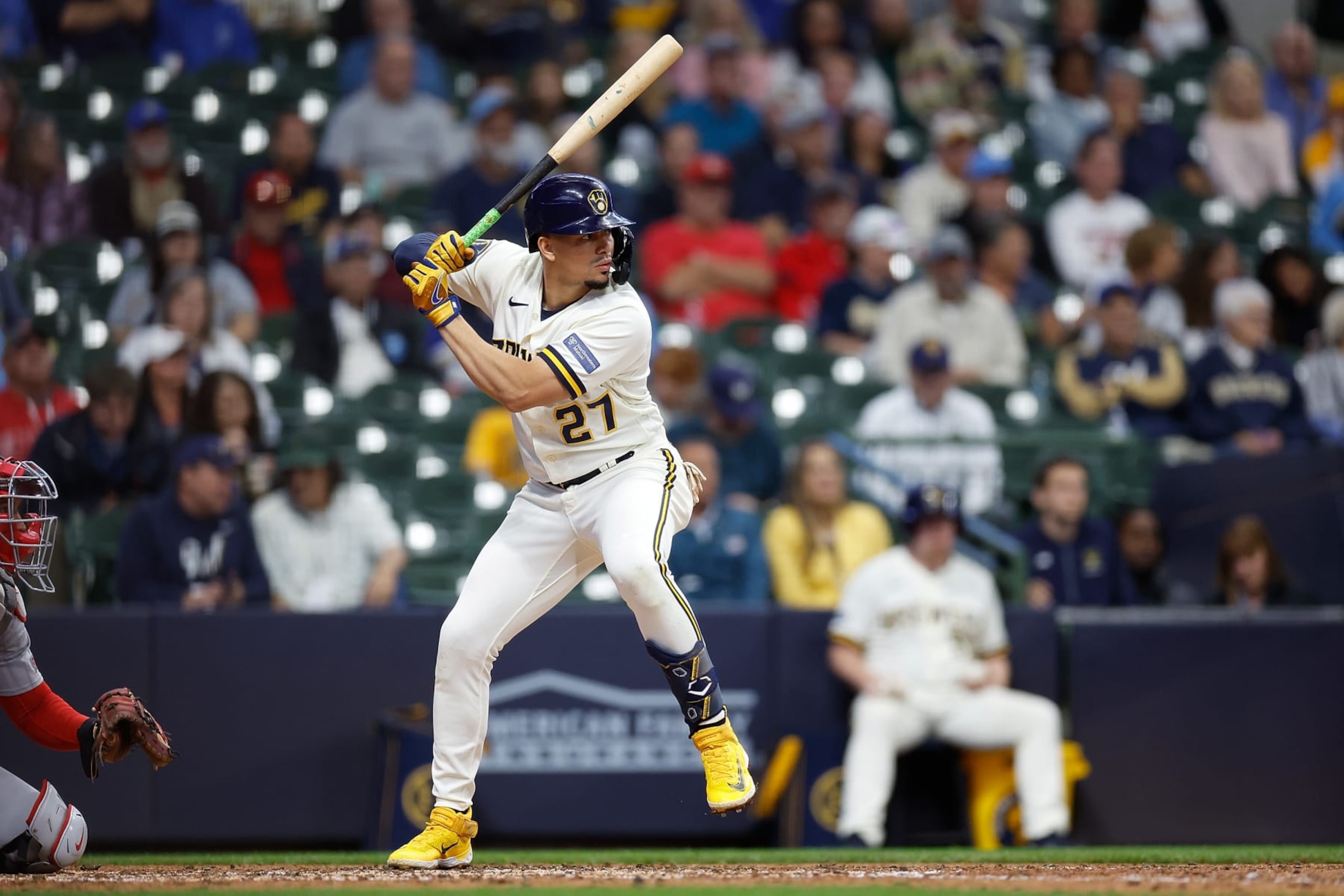 MILWAUKEE, WISCONSIN - SEPTEMBER 28: Willy Adames #27 of the Milwaukee Brewers up to bat against the St. Louis Cardinals at American Family Field on September 28, 2023 in Milwaukee, Wisconsin. (Photo by John Fisher/Getty Images)