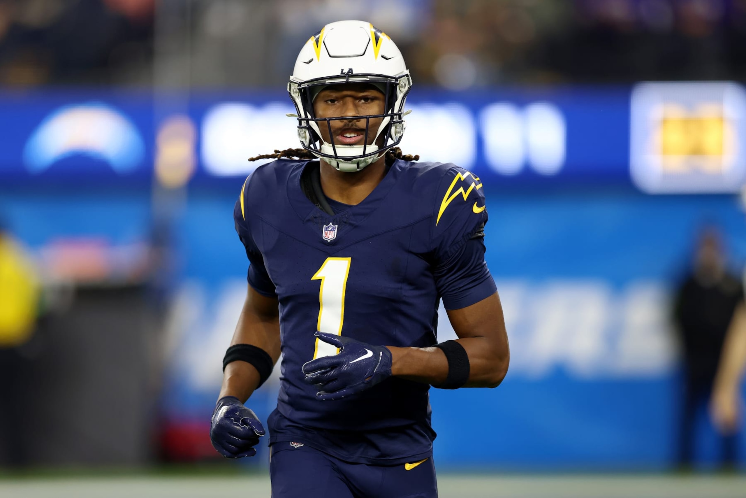 INGLEWOOD, CALIFORNIA - NOVEMBER 26: Quentin Johnston #1 of the Los Angeles Chargers looks on during the first quarter against the Baltimore Ravens at SoFi Stadium on November 26, 2023 in Inglewood, California. (Photo by Katelyn Mulcahy/Getty Images) INGLEWOOD, CALIFORNIA - NOVEMBER 26: Quentin Johnston #1 of the Los Angeles Chargers looks on during the first quarter against the Baltimore Ravens at SoFi Stadium on November 26, 2023 in Inglewood, California. (Photo by Katelyn Mulcahy/Getty Images)