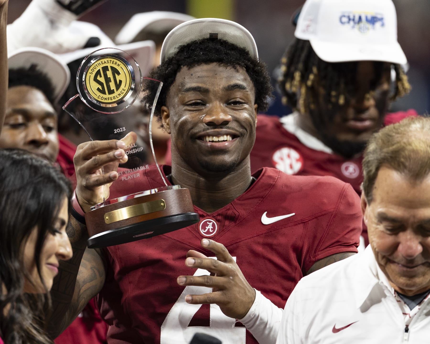 ATLANTA, GEORGIA - DECEMBER 2: Jalen Milroe #4 of the Alabama Crimson Tide wins the most valuable player award during a game between University of Georgia and University of Alabama at Mercedes-Benz Stadium on December 2, 2023 in Atlanta, Georgia. (Photo by Steve Limentani/ISI Photos/Getty Images)